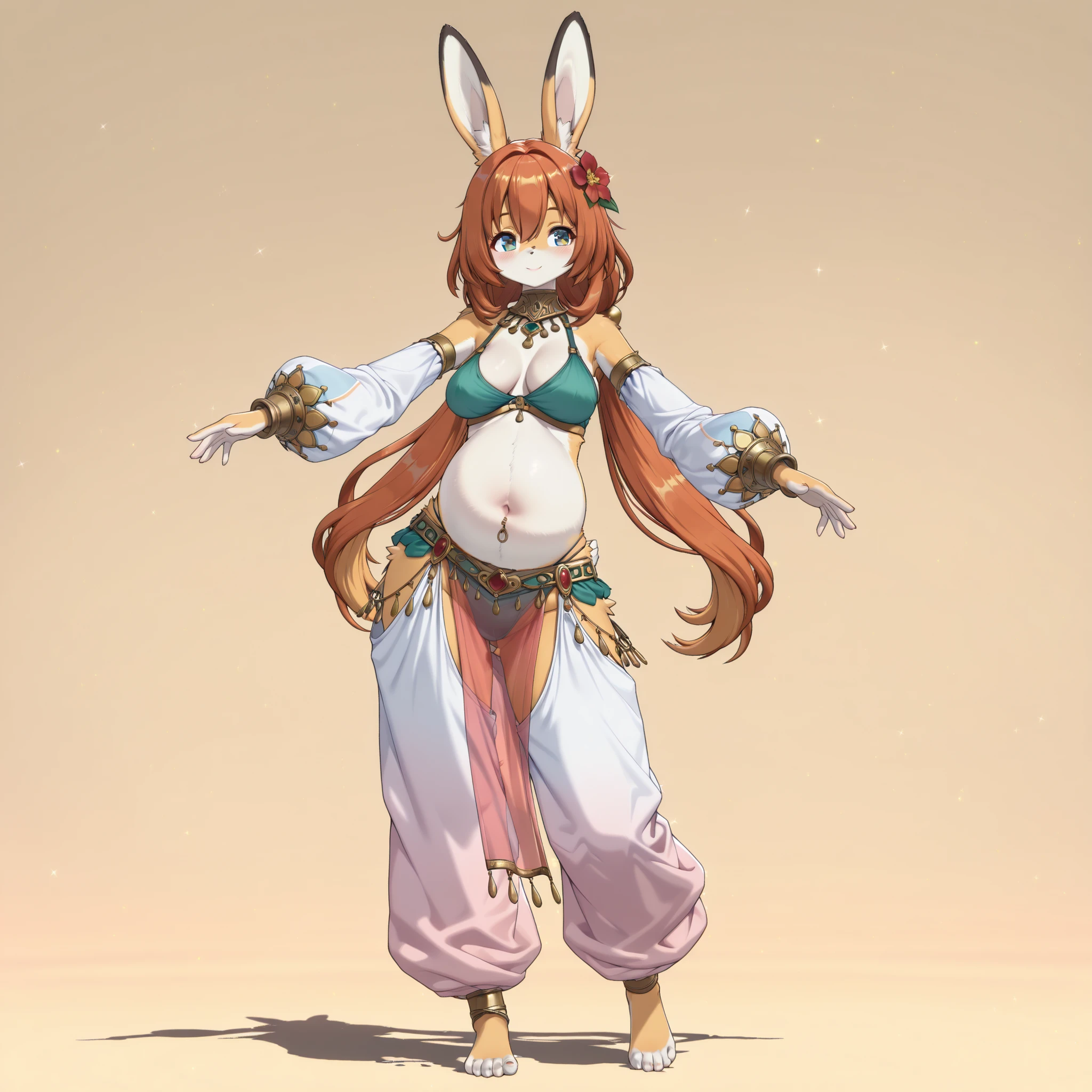 (1girl, solo, rabbit girl, furry, Kemono, Fluffy fur, coloured fur, dark caramel fur, two tone fur, dark caramel hair, long hair, hair between eyes, hair flower, emerald eyes, medium breasts, cleavage, sagging breasts, navel, big belly, wide hips, belly dancer, jasmine harem outfit, long sleeves, bra, thong, pelvic curtain, high harem chaps, very baggy oversized chaps, barefoot, body jewelry, standing, dancing, blush, happy, stylish, graceful, charming, cute, full body, beautiful environment, gothicstyle, biyōjo, moe, 3d, zzzpony, beautiful aesthetic, simple background, masterpiece, best quality)