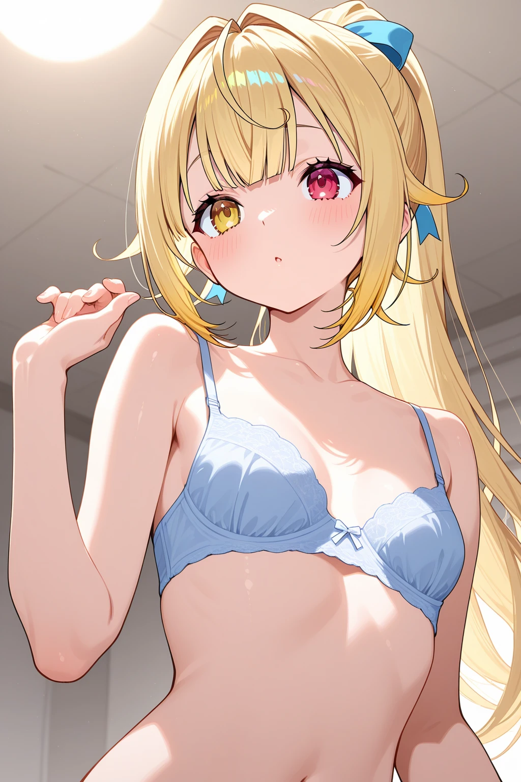 Black string bikini、Embarrassed、Blonde、high resolution、High quality、Flushed Cheeks、Moist eyes、Looking at this、bedroom、