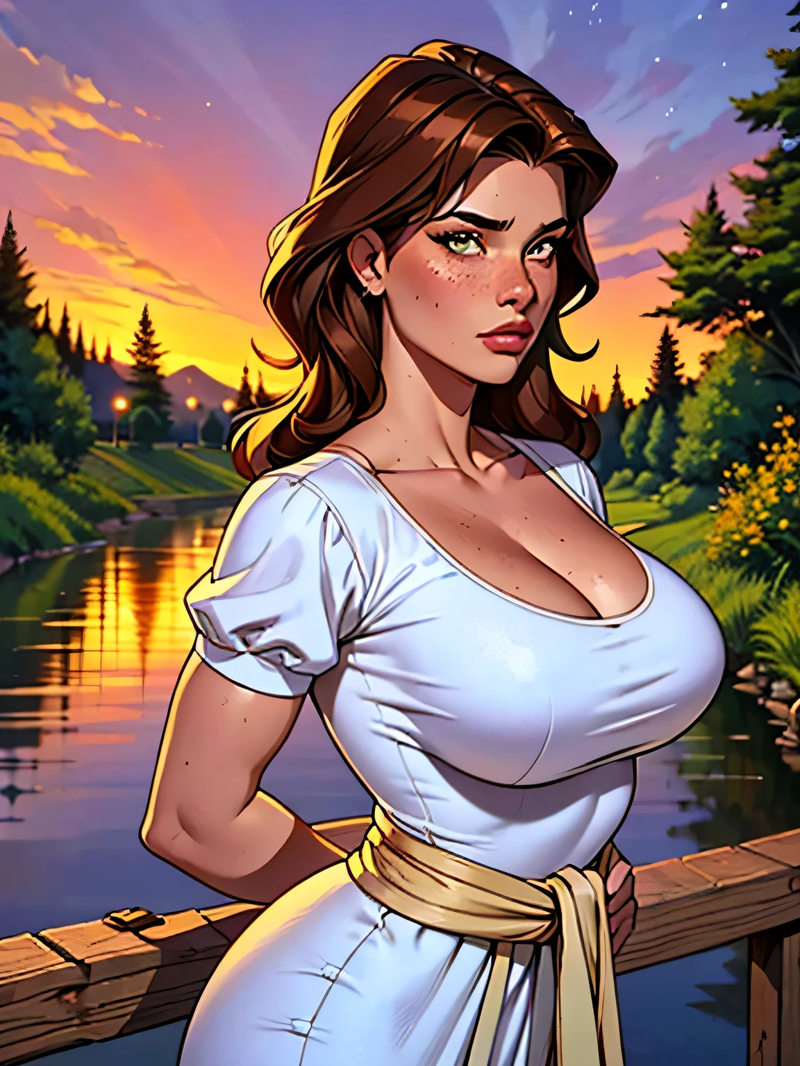 Melhor qualidade, obra de arte, (realista: 1.2) Close up of a thin woman , voluptuous and athletic (Jezebel Jade), 25 anos, 16k (( high definition )), looking serious, olhar sedutor ((looking at the viewer)), olhos castanhos, wearing a tight and discreet white dress ((decote em V rendado, puffy short sleeves )), cintura fina, He wears a white band around his waist, arms at the sides of the body, pele morena, (( long wavy brown hair )), She is alone on a bridge over a river (( upper part of the body, From head to waist , side view 1 .4)), with freckles on the neck and , (( large, round 1.4)), (( Well defined collarbone)). estilo cartoon ((QG)), forest and sunset in the background.