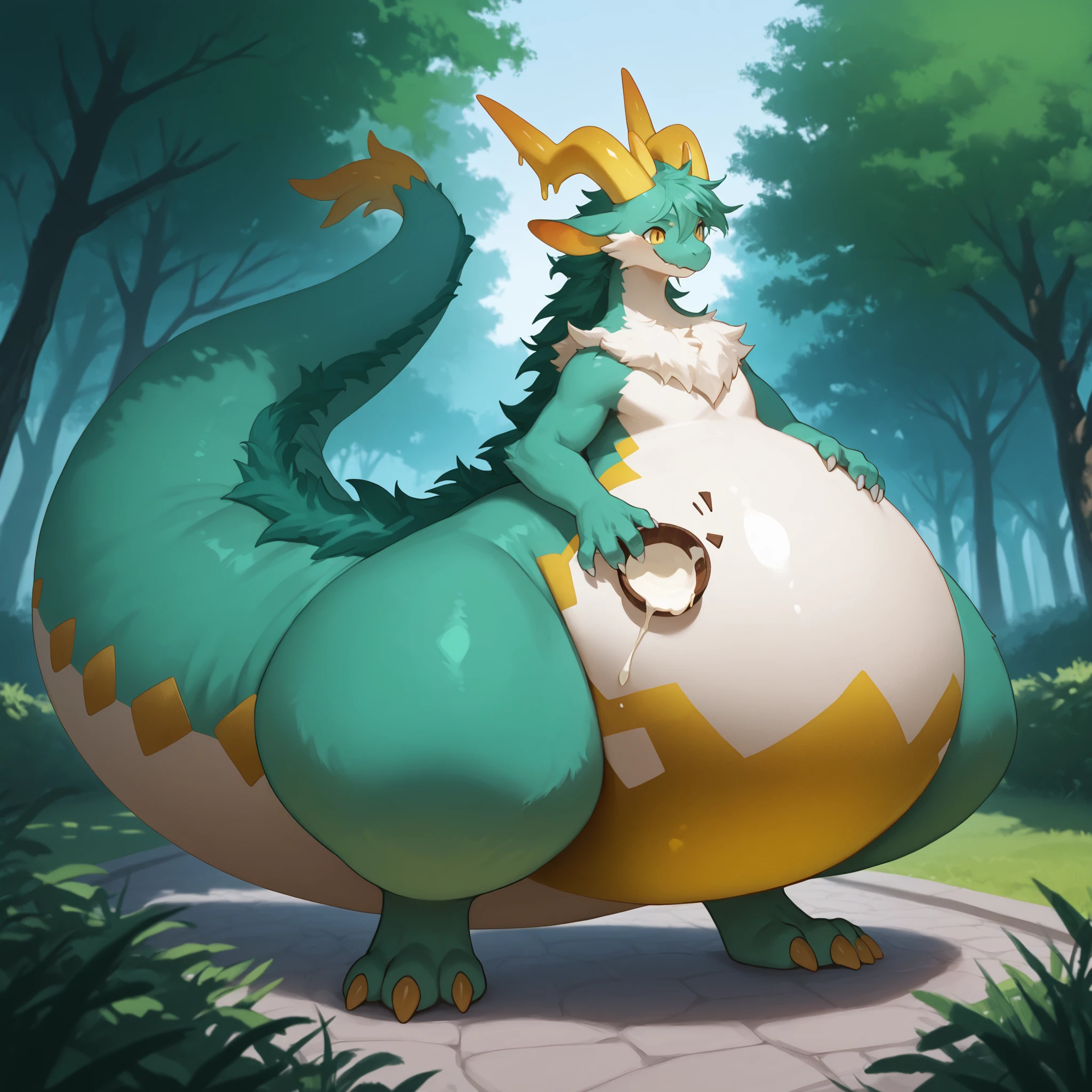 full body, furry, dragon, wide bottom, heavy bottom, wided legs, long digitigrade leg, giant pearshape body, no nipple,detailed face,4k ultfigurelity, (4k half body view:1.0),ultra high detailed body,feral dragon,(cute face:1.3),light green fur,golden eyes,cream belly fur,long hair,enormous body,side front view,(long ears),(big ears),(big horns),(dropping ears),long tail,thick tail,big tail,(smaller head),(enomorous body),hyper tail,(gigantic body),in a garden