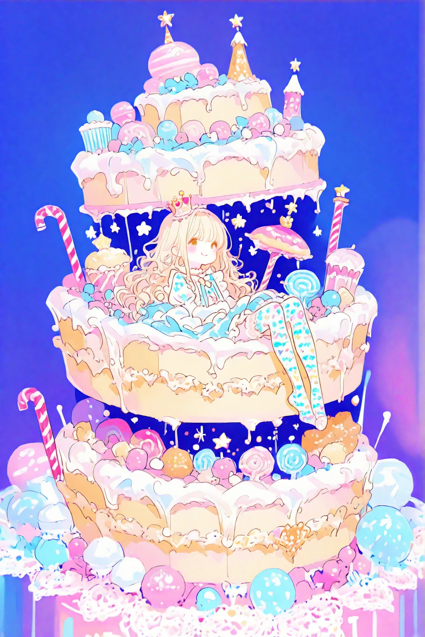 lineart, thin lines, thin colors, watercolor, soft touch, colorful, fantasy, full body, looking viewer, (fairy tale theme), wide shot,
1 girl, solo, blonde hair, long hair, blush stickers, smiling, candy kingdom, candy castle, giant candy, candy land, fluffy dresses, dresses with rainbow colored lollipops, various candy decorations, lace, frills, cookie mini hats, popcorn shower, lace-trimmed thighhighs, (color palette is white:1.2, Blue:1.2, Pink:1.2), sitting on a throne made of sweets and pastries, donuts, candy, lollipop, candy cane, cake, cupcake, cake pop, polka dot,
masterpiece, best quality, highly detailed, 8K, super detailed skin, (detailed beautiful face and eyes:1.5), elaborately designed clothes, highly detailed patterns on the clothes,