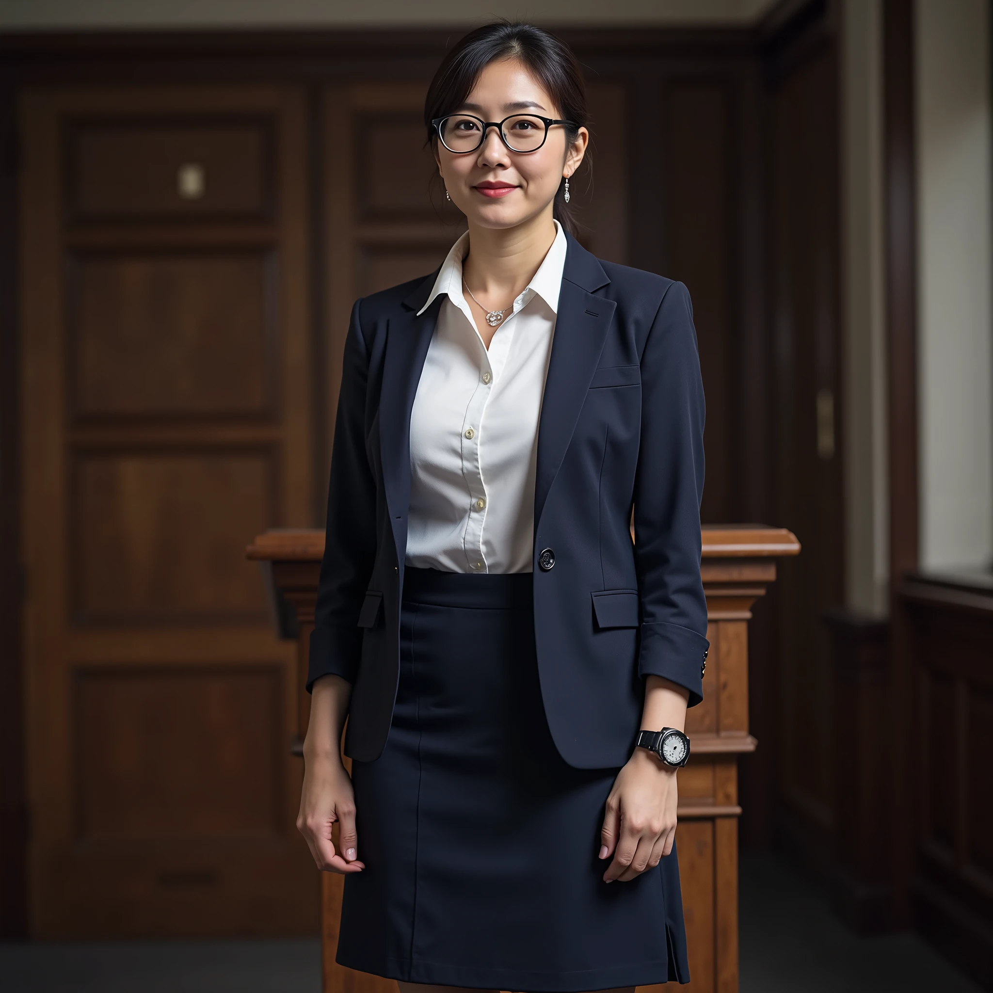 『A Japanese woman:1.3』『raw photo:1.3』top quality:1.2、normal woman who isn't beautiful、Country-smelling 、(Saggy Chest、narrow waist:1.2))、((35 year old woman))、not wearing makeup『is showing her teeth and laughing:1.2』、(((Anatomically Correct、perfect anatomy、Anatomically Correct指の本数)))、Realistic, top quality, ultra high resolution, RAW photo, (thin waist:1.5)、Saggy Eyes、Round face outline、((A photograph of a woman in full view(A full body photo of a woman) - standing, long shot, full legs, elegant dress
:1.3))、((Full Body Portrait:1.3))、(((a full body photo of a woman, perfect hands, realistic fingers, 5 fingers on each hand, natural pose)))、,glossy skin,atnr,mature woman, mature, merciful,748cm style,glossy skin,atnr,748cm style,glossy skin,atnr,from below, low angle, Close-up of the upper body, 4K-ultra high resolution, top quality, masterpiece, Ultra HD.
classrooms, Standing in front of a podium, dim.
A female teacher stretches her chest、hips wearing a cloth bra.
she wears thin black-rimmed glasses, Her dark hair is tied in a low position、no bangs, and、accessorized with a black hairpin, Watch, necklace and earrings at the Association Chapel. she's staring at us with a cold expression. she is wearing a dark blue suit, white button-down shirt and navy blue skirt with slit. She has smooth skin and a medium bust.