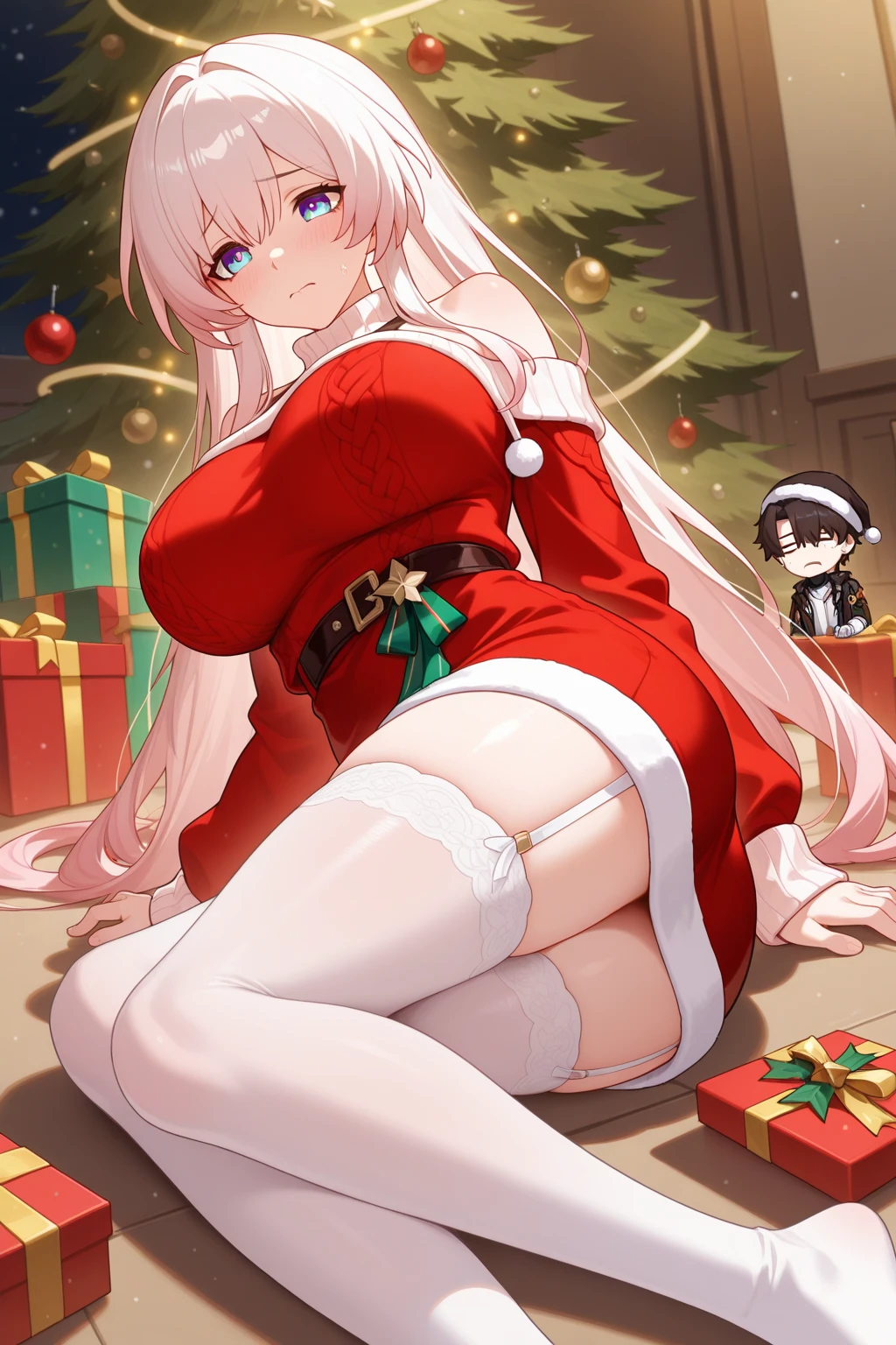christmas，sweat drenched，camel-toe，Christmas tree，Gift box，ribbons，opening legs，streaked，Back Shadow，，big.ass，secretion，juice