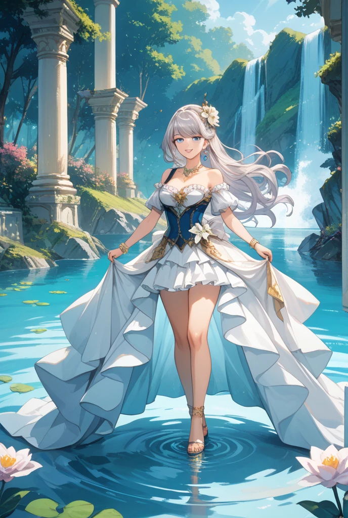 full body shot shot，white backgrounid，woman，Raised sexy，There are marks on the forehead。Her clothes fluttered，It's like riding the wind，She was dressed in white，Win the snow，Long hair like a cloud，She is graceful，Like a fairy，But her looks，But no one can describe it，Just because no one in the world dares to look up at her anymore。