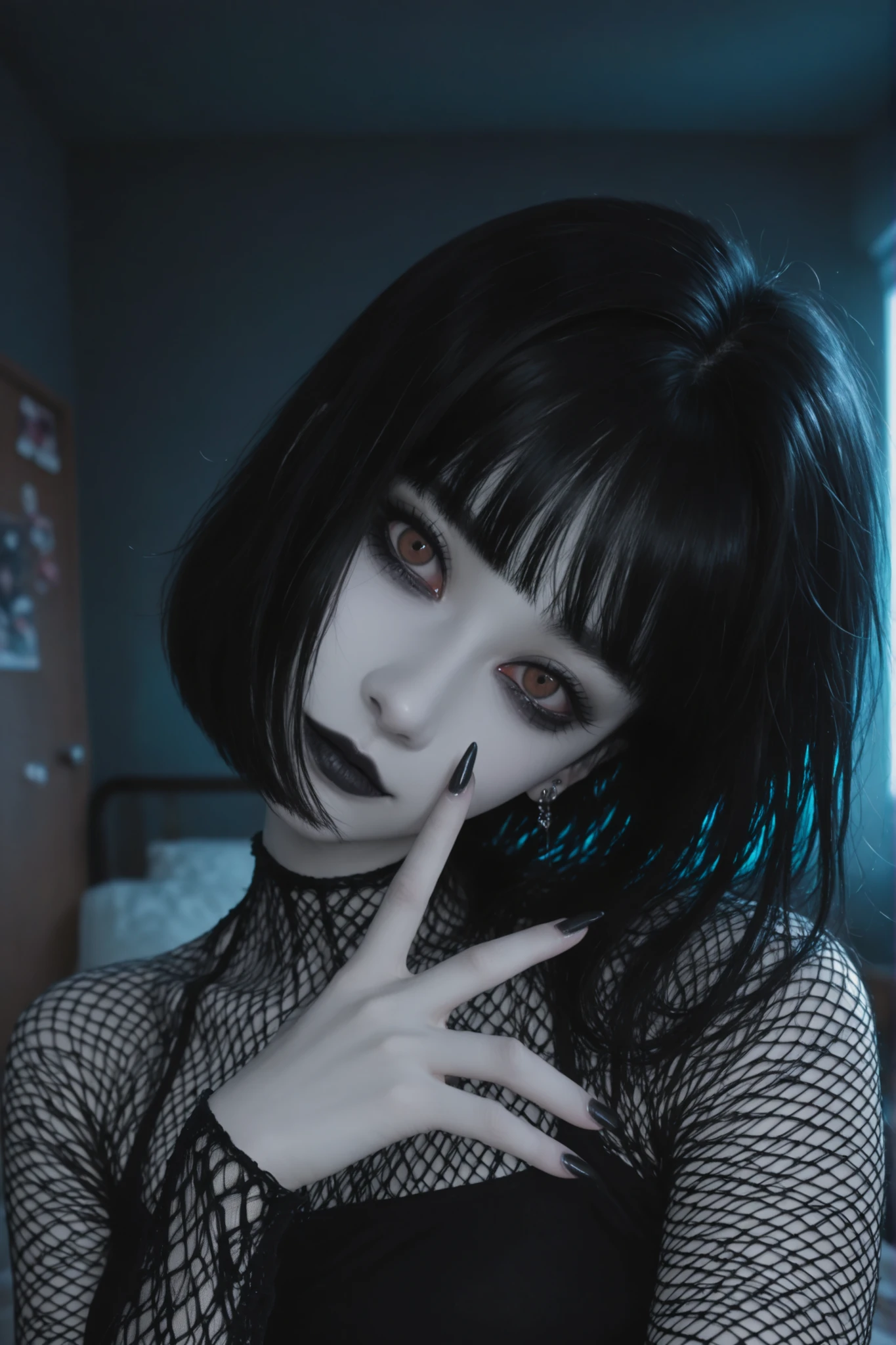 M1croB4ngs,1girl, black hair, bob cut, short hair, short bangs, micro bangs, straight bangs, flat bangs, wavy hair, messy hair, pale skin, black lips, black mascara, piercings, mesh dress, long sleeves, selfie, bedroom, neon lighting, head tilt, breasts, pursed lips, hand over heart, black nails, long nails, pointy nails, brown eyes, bored, eyebrow slit, looking at viewer, soft smile, looking at viewer