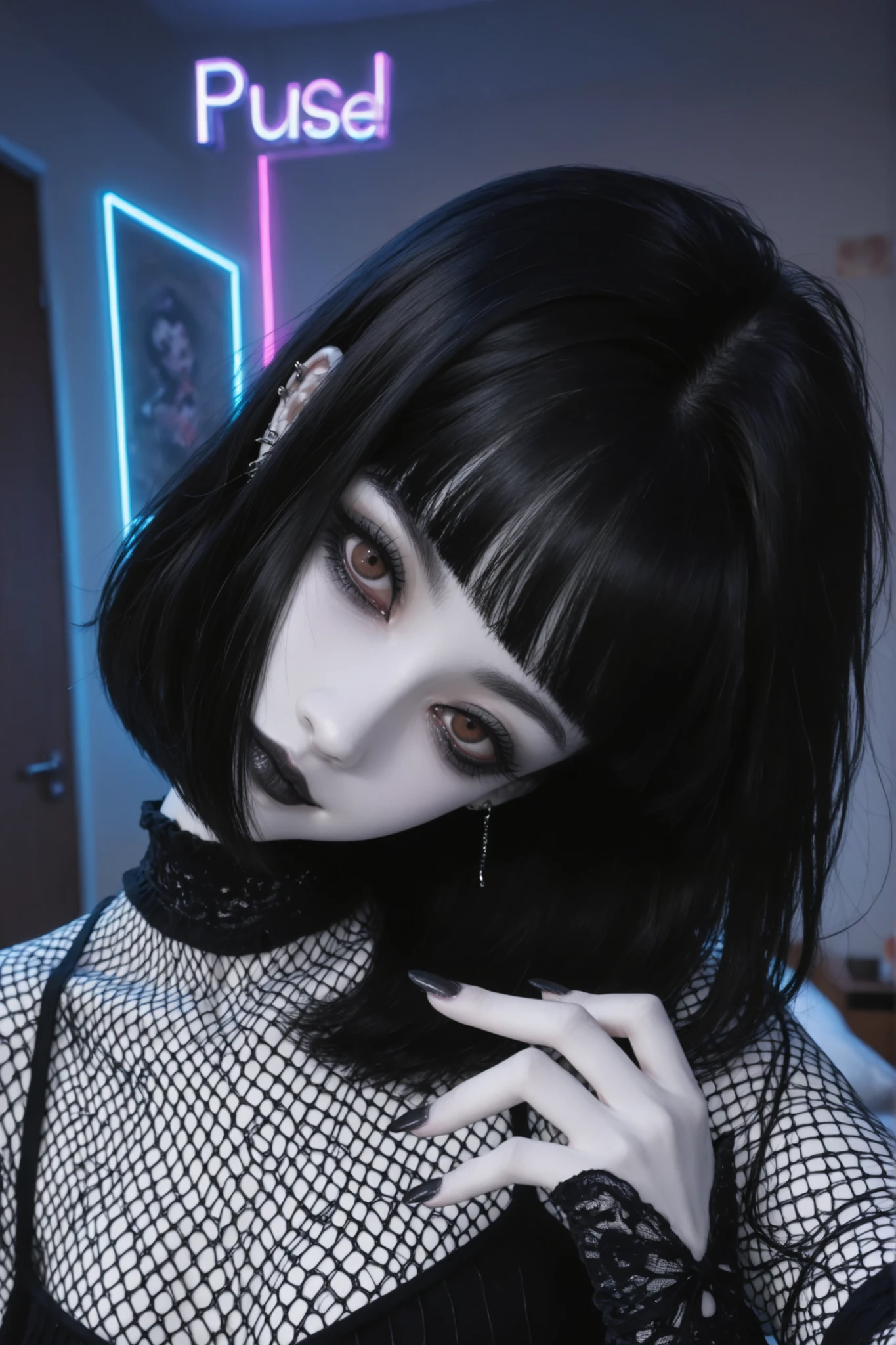 M1croB4ngs,1girl, black hair, bob cut, short hair, short bangs, micro bangs, straight bangs, flat bangs, wavy hair, messy hair, pale skin, black lips, black mascara, piercings, mesh dress, long sleeves, selfie, bedroom, neon lighting, head tilt, breasts, pursed lips, hand over heart, black nails, long nails, pointy nails, brown eyes, bored, eyebrow slit, looking at viewer, soft smile, looking at viewer