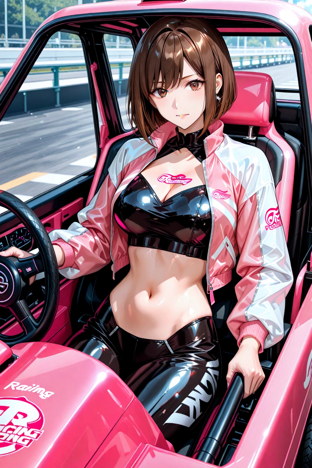 4K, A high resolution, Best quality at best, masterpiece, perfect colors, perfect shadow, perfect litthing, ((sportrait)), Anime girl sitting in car with hand on chin, Anime visuals of cute girls,  Anime Girl, charming anime girls, anime styled, High quality anime art style, Beautiful anime girl, young anime girl, Anime Girl, Anime Girl with Long Hair, tight crop top, big breast, half breast open, background is Tokyo city 80s,  an anime girl, Cute anime girl, face closeup