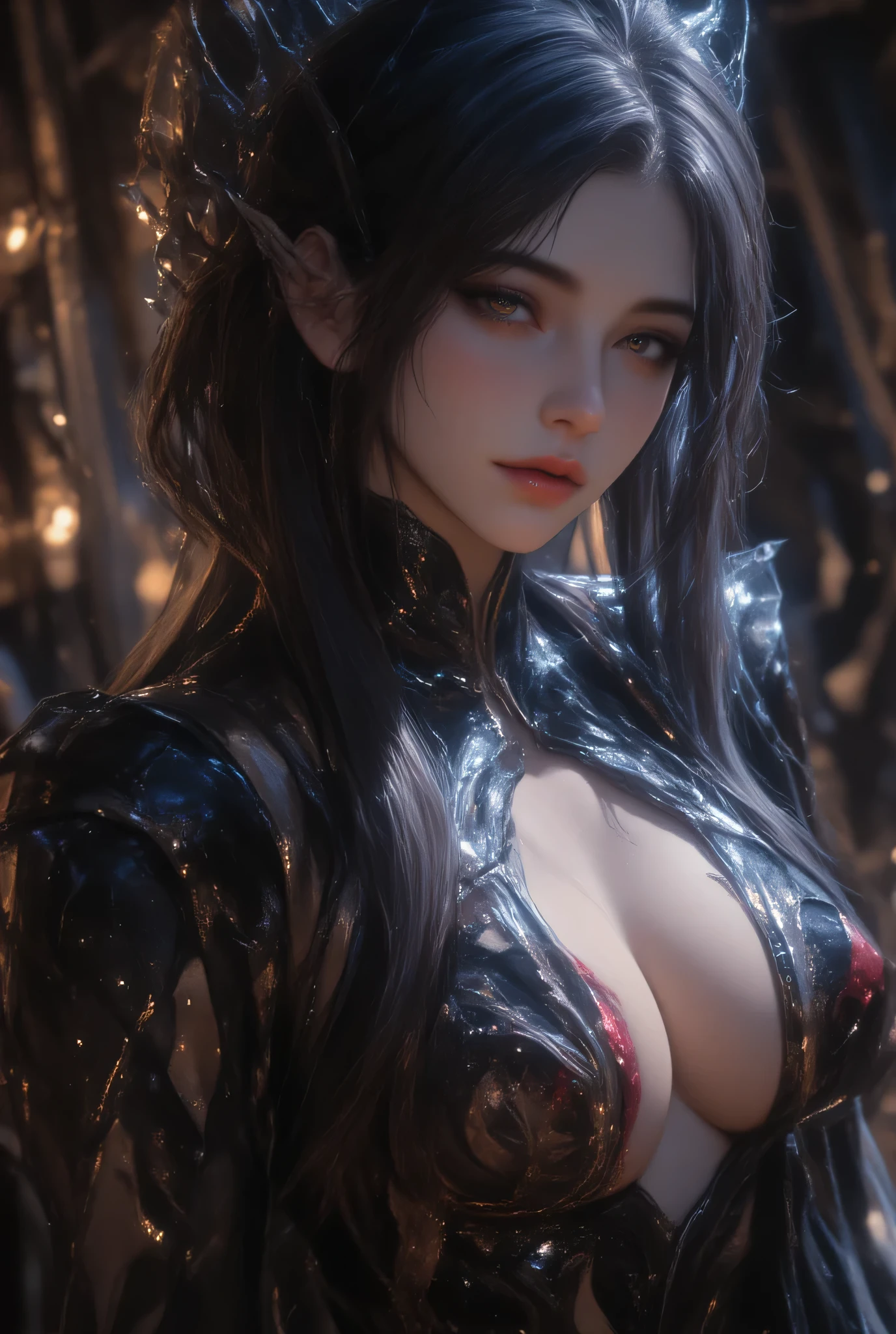 A stunning masterpiece by Luis Royo, High-quality and realistic depiction of a shiny, beautiful girl, Natural skin texture. This surreal portrait captures the essence of youth and beauty, (((The girl's arms and legs are attached with elaborate chains.))), ((( slave))), (((Completely ))), ((nfst))