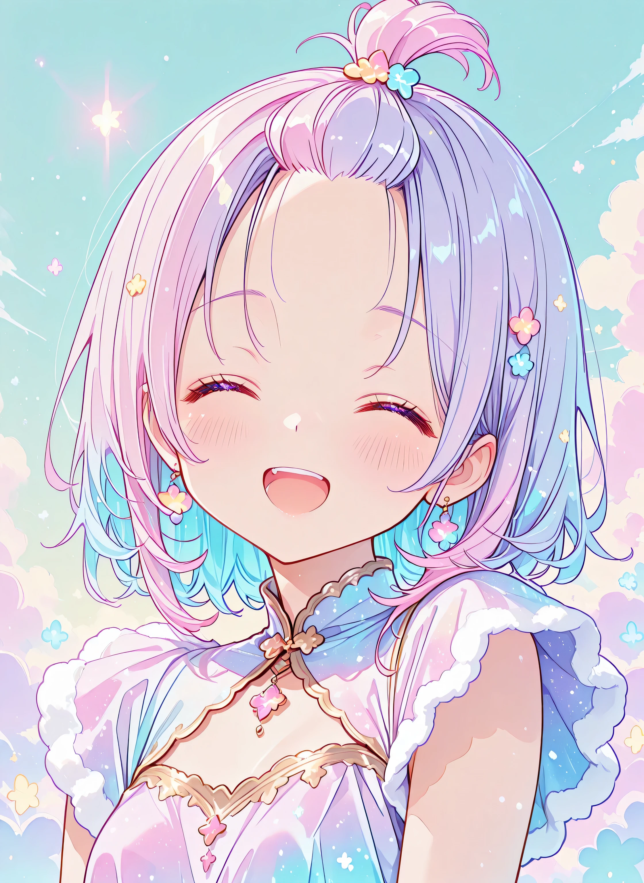 face in front of the viewer、face close-up、（ pastel eyes ）、short sideburn、(((bangs pinned back)))、Front Map、1girl、(best details、top quality、greatest masterpiece、very detailed、８k)、（colorful ）、（Laughing with Her Mouth Wide Open)、(Milky white and pastel hair color)、face to the front、1girl,(pretty face、baby face)、cute、（sex）、mint color and light pink gradation hair、個性的でcuteヘアスタイル、 Background、(bright light purple and light blue gradation)、（best details、top quality、greatest masterpiece）、White fluffy material dress、Dry mouth、closed eyes、