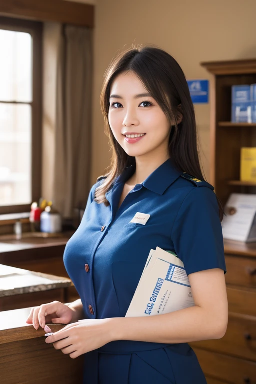 Young sweet beautiful Bogor city girl, 25 years old, georgeus sweet face, mixed descent sundanese and javanese, hair with a bangs, slim body, slim thigh, young office secretary, working cheerful in her office, wearing blue  official dress and official skirt, wearing high heels, realistic, very detail, normal all her fingers shape, siting limp down open very wide legs on office chair, being   eyes,  being  , pink   full , semi ,