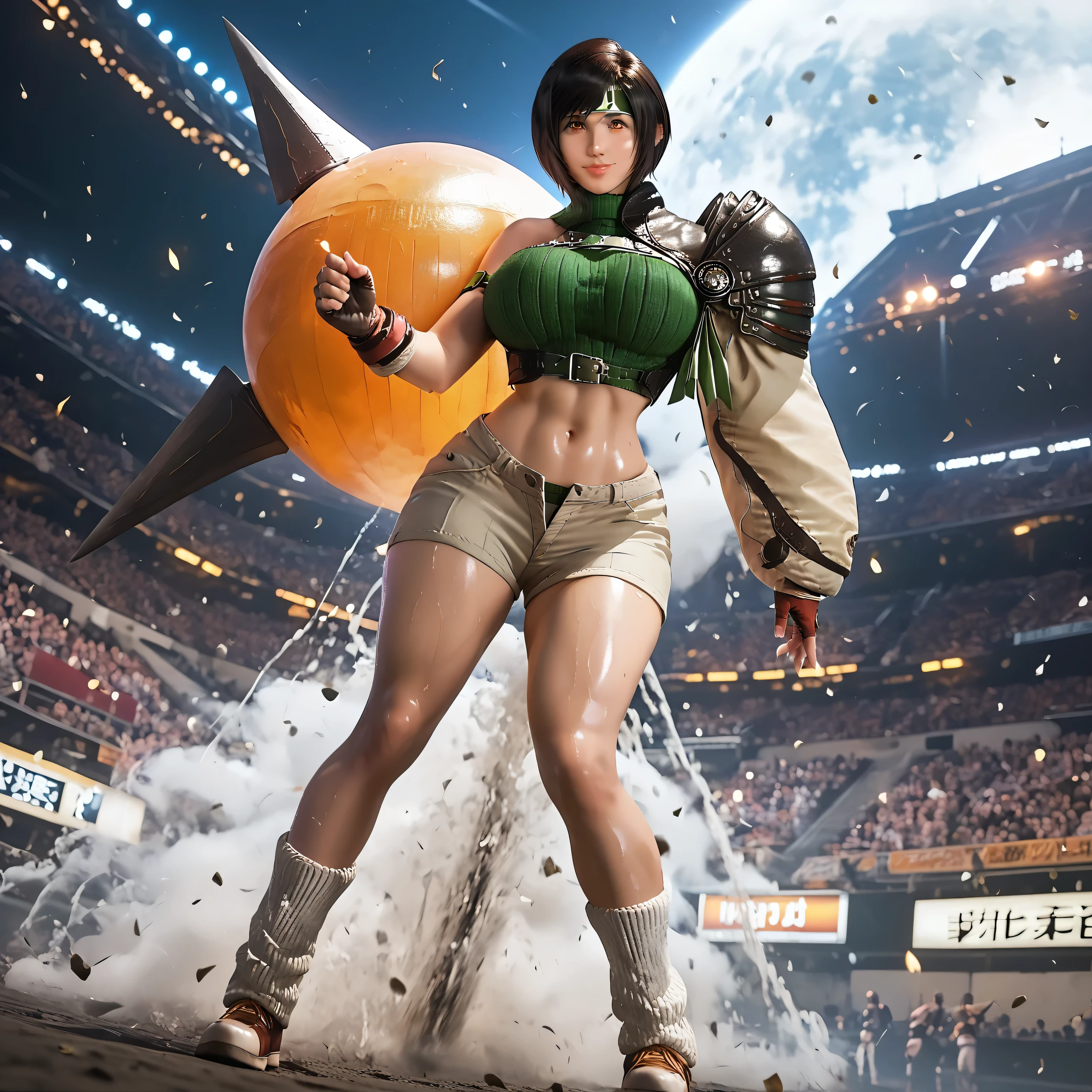 Highest Quality, masterpiece, super high resolution、{(Final Fantasy 7), Yuffie Kisaragi}, {big breasts、big boobs、VERY BIG BOOBS}, full color, oily and shiny glossy skin, her eyes focused on the viewer, bright glowing lights, legs open, very detailed lines, very detailed shading, very vibrant detailed colors, very detailed lighting, muscular athletic thighs, (Final Fantasy VII), slenderbody, curvy, narrow waist, Wide Hips, abs, 8k, ultradetailed, absurd, realistic, high quality, detailed, dynamic pose, bright glowing lights, (focused on ass and boobs), BREAK SOURCE_anime, full body image, smile, Final Fantasy, holding a ninja star shaped 4-Point Shuriken with her right hand as her main weapon only, Yuffie_kisaragi,Glynn, (Best Quality),(Aesthetic,very Aesthetic),masterpiece, high resolution, (anime screenshot:0.5), Outdoors, Starry Night, score_9, score_8_up, score_7_up, score_6_up, score_5_up, Yuffie Kisaragi, 1girl, solo, large breasts, short hair, black hair, navel, brown eyes, shoes, midriff, fingerless gloves, very tight crop top, very tight short booty shorts, headband, turtleneck, shoulder armor, single thighhigh, fishnets, ribbed sweater, open fly, leg warmers, orange footwear, cropped sweater, single sleeve, standing tall combat action pose, (focus on hair, boobs, ass, and shoes)