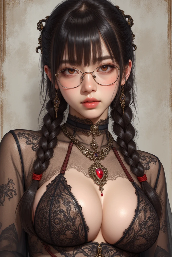 Fine、(The best illustrations)、8k UHD resolution、intricate-detail、top-quality、realisitic、ultra-detailliert、The best lighting、Best Shadows、Soft lighting、Ulutra HD、Ultra-realistic、Tindall Effect、Photorealsitic、(High Detail Skins:1.2)、 (Intricate details, makeup, pureerosface_v1:0.5), (Detailed beautiful delicate face, Detailed beautiful delicate eyes, A perfectly proportioned face, High detailed skin, Detailed skin, best ratio four finger and one thumb, arms below , Tattoo with a red glow under the stomach、Awesome awesome, wide , smooth midriff, skiny and thin, __Fashion__, __hair__:1.25)、Digital SLR、 absurderes、(masutepiece: 1.3), (max resolution: 1.2), (Ultra HDTV: 1.2), cinematric light, Detailed eyes and skin, detailed facial features, , (Sharp Focus: 1.2）, (Focus on Face:1.2),Perfect Style, Beautiful face, acurate, Anatomically correct, Highly detailed face and skin texture, Detailed eyes, Double eyelids, Thin eyebrows, Glitter Eyeliner: 1 Natural cheeks, Glossy skin, Fair skin: 1.2, (Glossy lips: 1.4),(Shy look: 1.2),Highly detailed facial and skin texture, Detailed eyes, Double eyelids, Natural cheeks,  shiny lips: 1.4,Exposed cleavage、Bewitching。Seductive、dark brown hair。Evil Nun、Torn monastic clothing、corsets、fishnet tights、 is emphasized、((((Huge glasses, Otaku Glasses, thick glasses, Round glasses)))),(((Colossal )))、The long-haired、Braids、Black hair、Ponytail distortion、, Ponytail with a bow tied at the back of the hair, Beautiful expression、Body Up、 emphasis、Bust, Super tight ,  augmentation surgery, The  are very big and round and round,Toned waist、Wide 、intricate tattoos, demonic intricate tattoos, thigh tattoos, body tattoos, Red sparkling gemstone necklace、Jewelry Gwise, wearing black mesh socks,Wear light red、nffsw, nffsw, Meet beautiful girls, Look at the girl's body, Bat Wings，(((Demon Horns)))、(Devil's Tail)、In the Dark、(Detailed spooky backgrounds:0.8),Holding a whip in your hand、