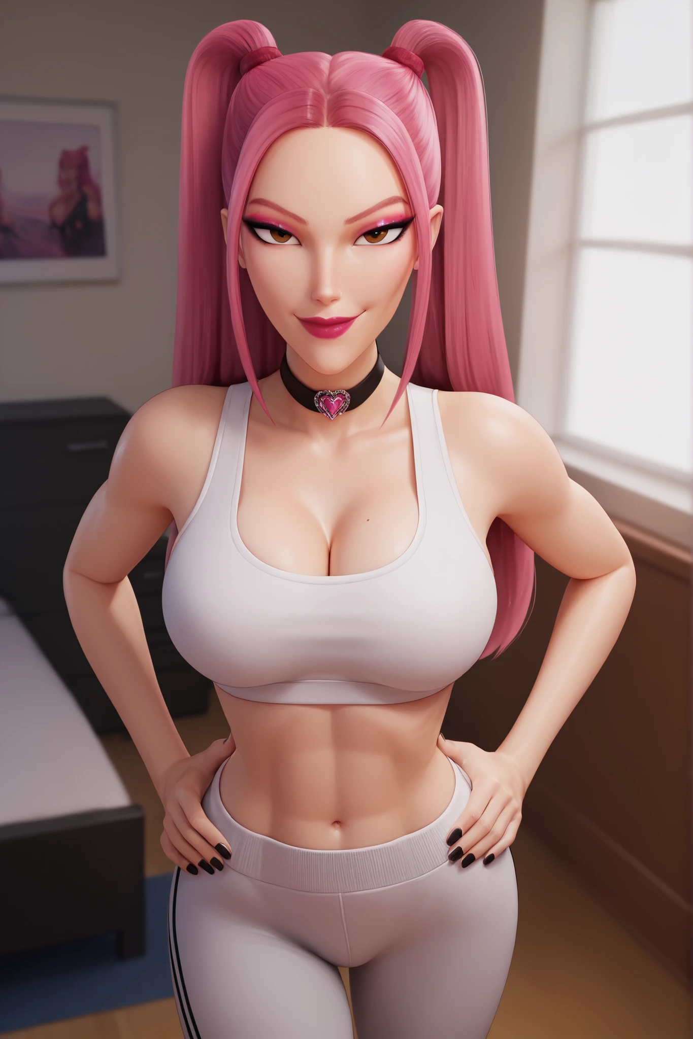 BREAK, score_6_up, score_7_up, score_8_up, score_9, 1girl, solo, kpdh_m1ra, long hair, dark pink hair, brown eyes, twintails, black choker, lipstick, makeup, official KPop Demon Hunters aesthetic, , busty, cleavage, curvy, athletic, looking at viewer, seducing viewer, teasing viewer,  expression, smiling, closed mouth, bedroom eyes, white sports bra, black jogging pants, midriff, indoors, bedroom, standing, hands on waist, closeup, portrait, upper body, high-angle view, pink eyeshadow, black eyeliner 