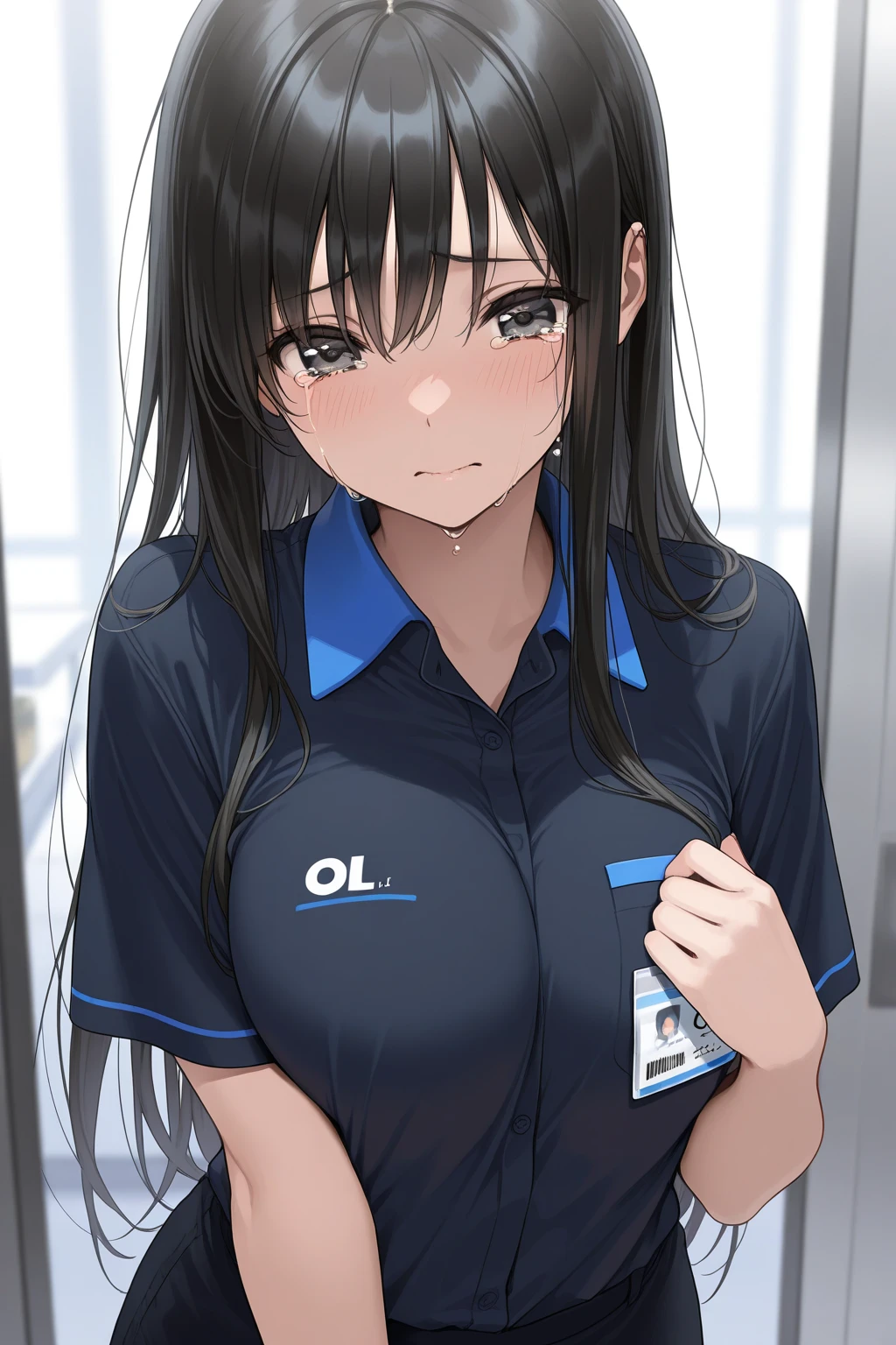 (masterpiece), (best quality), (ultra-detailed), ((girl, 29 years old)), an extremely delicate and beautiful, detailed eyes, minute details, (black hair, long hair, straight hair, hair between eyes), (()), smile, open mouth, ((beautiful eyes)), (blue eyes), (upper body), she is wearing a blue dress, (detailed clothes), (detailed background, in a hospital, hospital hallway), (monochrome)