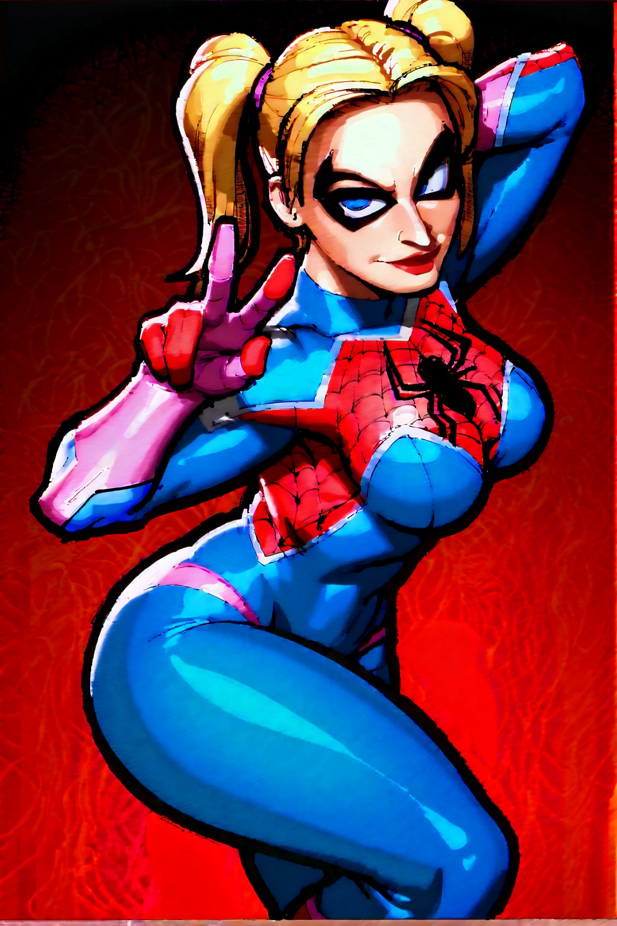 a woman in a spider - (cameron diaz:1.2) as spiderman, spider woman, 17 years old, ( ( spiderwoman ) ), long blonde pigtails, super hero pose, awesome pose, wearing tight suit, spiderman, spiderman!!, posing like a superhero, spider - man