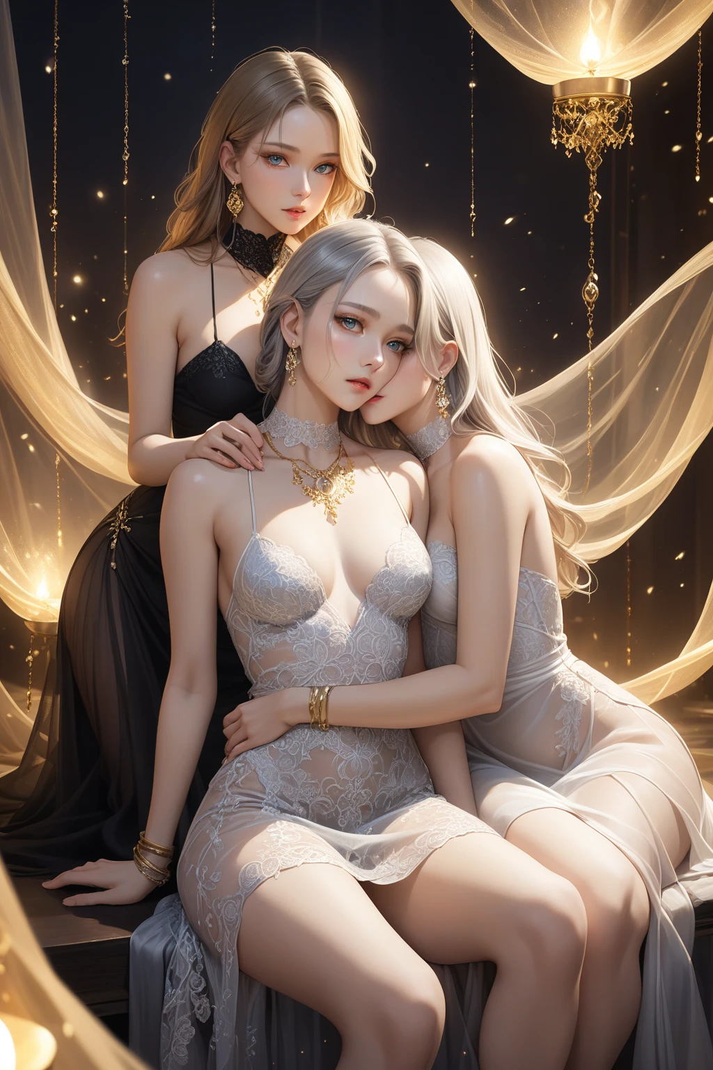 (masterpiece, best quality, ultra-detailed, oil-painted photoreal style:1.3), (high resolution, 8k, HDR, UHD, DR), creamy cinematic light, soft bokeh, ambient glow, rim light, contour shadows, subtle film grain, light bloom across skin, depth of field, backlight haze, candlelight and golden hour mix

a beautiful young woman (aged 18) reclining across a velvet-canopied bed, relaxed dominant posture, full body in view, laying down with her legs spread wide open, white panties,

waist-length snow white hair, softly tousled over silk pillows, loose waves spilling across shoulders and mattress, straight-cut bangs (chyolka), strands catching candlelight glow, volumized texture, cool color gradient

pale icy skin with subtle blush at cheeks and knees, (youthful angular facial features:1.3), defined cheekbones, narrow almond violet eyes (lavender outer ring, deep indigo core), glowing iris details, glint on pupil curve, crystalline reflections, (soft lash shadows and iris bloom), matte frost-pink lips with subtle gloss on lower lip, soft blush across high cheekbone ridges

black ceremonial silk gown with violet and gold embroidery, open skirt spread across bed folds, natural fabric pooling, sheer black lace sleeves, translucent mesh veil draped behind her, thin gossamer fabric catching candlelight, (gold-string ruby pendant resting near collarbone), gemstone glint against skin, chain tension visible across neck and clavicle

pose is casual, bed is ornate with carved dark wood and violet satin sheets, background softly blurred (lavender tones, silver candleholders, faint stone walls), (studio softness meets medieval royalty), filmic depth and painterly highlights

(anatomically accurate body and hand structure),