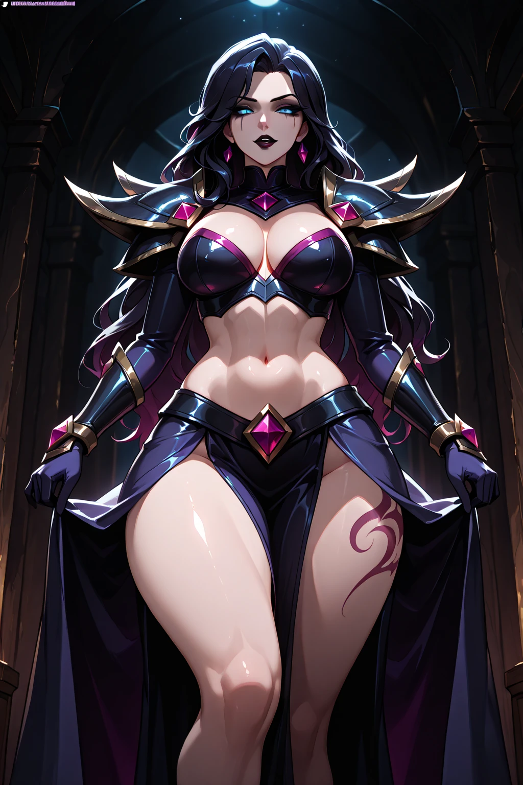 (score_9, score_8_up, score_7_up, score_6_up, score_5_up, score_4_up,  source_anime, rating_questionable, realistic:1.2), uncensored, (vivid colors, bright colors:1.2), BREAK  <lora:HumanScabbardV2_XLPD:1@0.5, 0@0.8>, (human scabbard), (holding, holding weapon, holding sword), electricity, cleavage, A single woman (plump, wide hips, thick thighs) with detailed blue eyes and (large breasts:1.1) stands confidently, wearing a cloak. Her body is adorned with (breast curtains) and a (pelvic curtain), enhancing her figure. She wields a sword held between her breasts, acting as a human scabbard. Electricity crackles around the weapon as she grips it firmly, showcasing her cleavage in an upper body shot. The scene is set in a dark room at night, with low light and dim lighting, creating a dramatic atmosphere. She brandishes a darkness lightsaber, emanating a dark aura and swirling darkness, displaying her mastery of umbrakinesis. The cinematic lighting accentuates the caustics and the glow of her angelic, glowing magic, zPDXL2, <lora:Dark_Aura_for_Pony:0.5@0.4, 1@0.9>, (dark aura), upper body, wide portrait, navel, thighs, bare bare shoulders, collarbone, cyan and magenta color palette, bridal gauntlets, glowing energy halo, linea alba,, OverallDetail, SkinHairDetail,, starry sky, lens flare, detailed background, backlighting, caustics, glowing, sparkle, bokeh, dark, light particles, light blur, bloom, depth of field, fog,