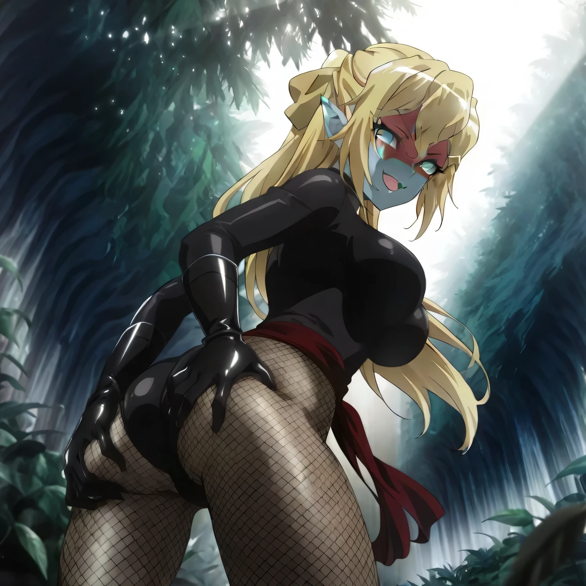 (((Masterpiece))), (((Best Quality))), ((Super Detail)), ultra-High resolution, score_9,score_8_up,score_7_up,score_6_up,score_5_up,score_4_up, BREAK, source_anime, anime screencap, uncensored, Masterpiece, (best shadow), (absurdres), (detailed background), (very aesthetic), detailed beautiful eyes, outstanding, an exquisite animation illustration, curvy, highres, shiny clothing, dark persona, empty eyes, blank eyes, shocker, black leotard, latex elbow gloves, brown fishnet pantyhose, (((red skin))), colored skin, red sash, makeup, (((solo, 1girl))), hair ornament, seductive pose, submissive pose, anime style, anime coloring, animification, megami magazine, sexy pose, dynamic angle, cinematic angle, dutch angle, dynamic composition, large breast, sasha, Sasha01, blonde hair, long hair, pointy ears, blue eyes, elf, hair between eyes, bangs, hair bow, cave, dark cave, dungeon, night, night scene, delicate features, soft lighting, warm lighting, dark theme, horror theme, serious, angry, evil smile, smirk, smug, open mouth, looking from front, view from front, from front, blood splatter, gore, full body, bent over, claw pose, standing, spreading legs, bowlegged pose, fighting, fighting stance, dynamic pose, action pose, indoor
