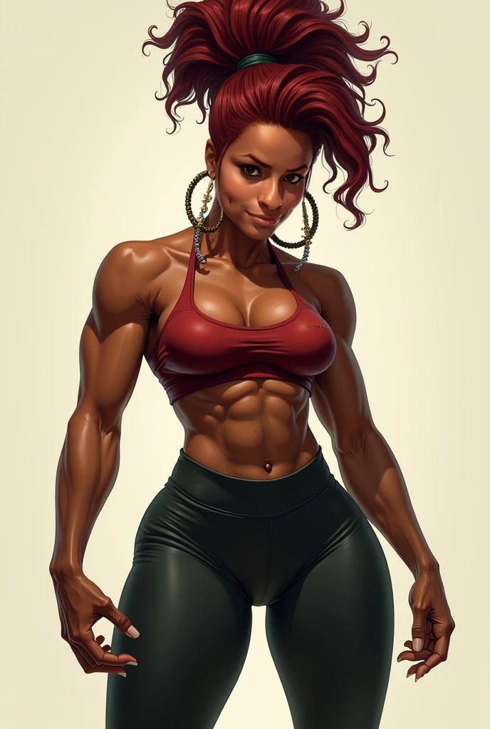 high quality, detailed, Realistic, 22 years old bulky girl, (), (), (abs), (detailed brown eyes), (black shiny skin), (detailed ), (red very short hair), , , (grin:0.5),