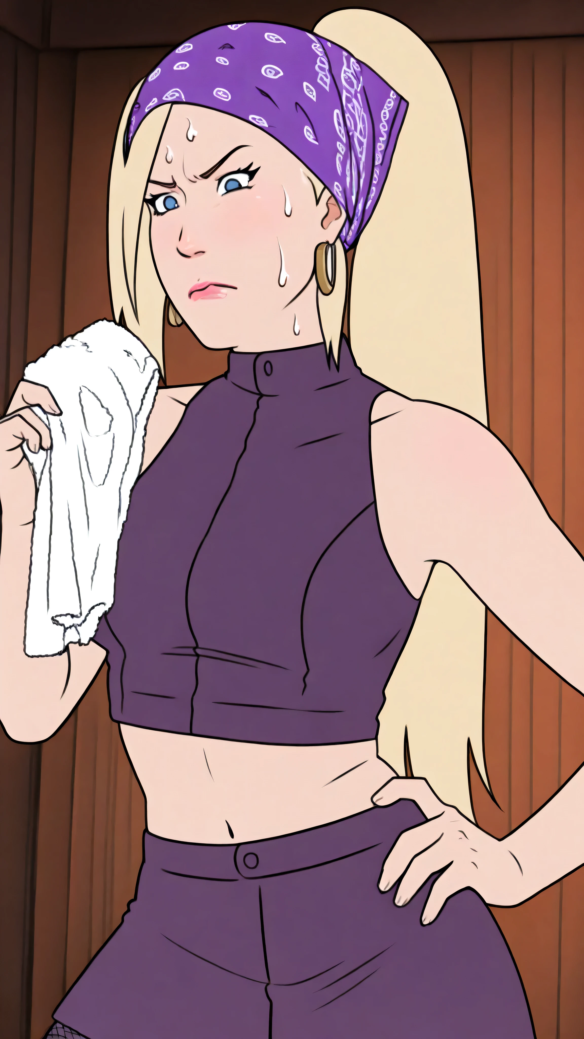 highres, 8k wallpaper, ultra-detailed, Ino character design, blonde ponytail hairstyle, medium breasts, bare shoulders, purple crop top showing stomach, purple miniskirt with fishnet shorts underneath, one hand hand placed on hip assertively, annoyed expression with closed mouth, slightly tilted head, dark purple color paisley bandana on head, gold hoop earrings, collarbone visible, contrapposto stance, wet skin with light perspiration, nervous sweating, white rag gripped in hands for cleaning, shadcomxl art style, flat color technique, dramatic lighting, bright colorful palette, upper body focus, official anime screenshot aesthetic, hot pink glossy lips, (((White rag gripped in one hand for cleaning))++ cleaning motion, blue eyes, eyelashes, (((head tilt)))+

