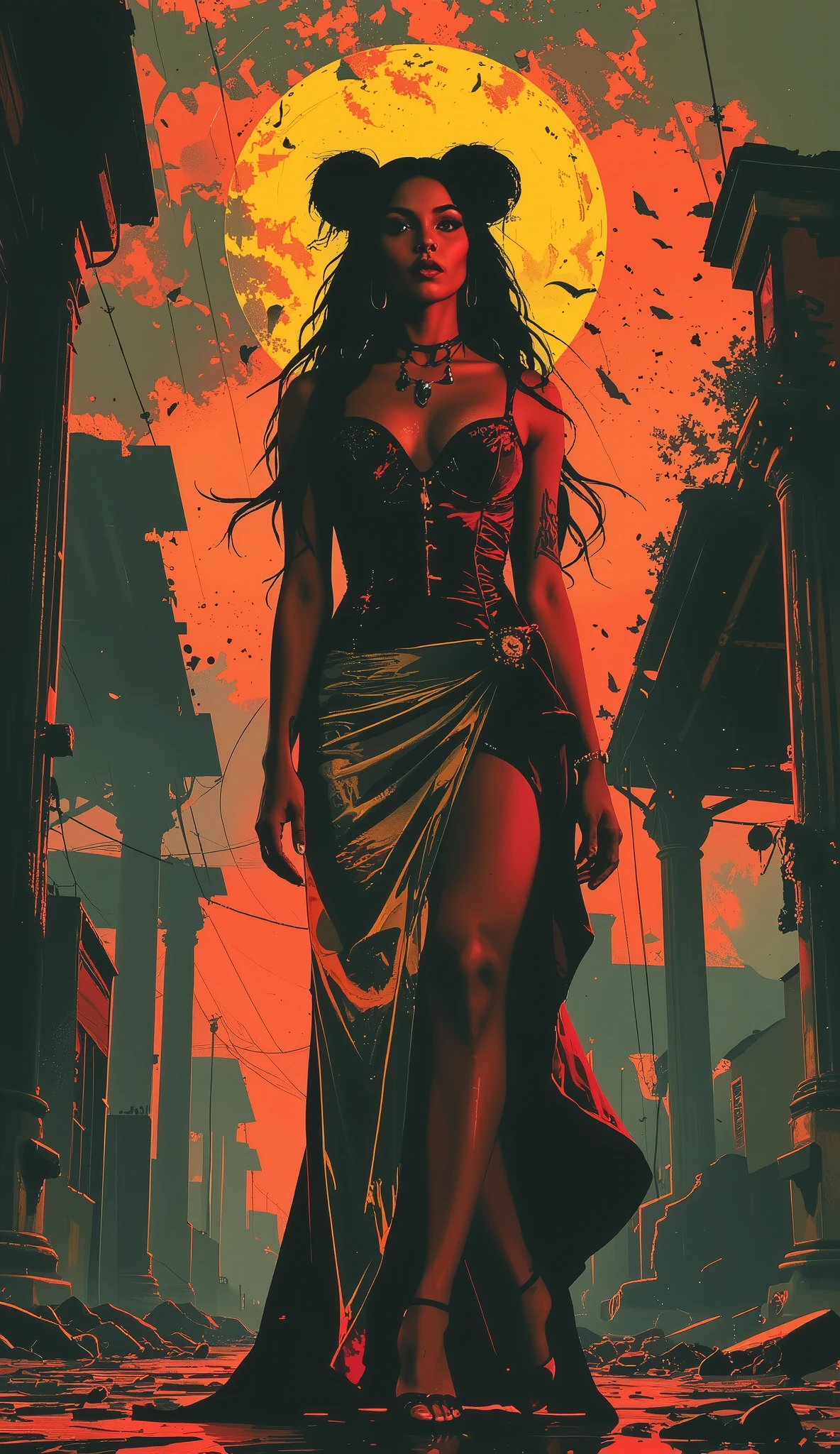 Impressionist surrealism, photo-realistic bizarre portrait of a beautiful, majestic caucasian half-Black lady—graceful yet an outcast, radiating eldritch aura and supernatural mystery. Deep golden-brown skin glows with lifelike detail. She stands in a dramatic, avant-garde gothic dress: the gown is non-explicit yet features a daring high slit that reveals her robust, long legs, and an elegant low-cut neckline showing natural cleavage. Her pose is theatrical, with large expressive dark eyes and a gap-toothed beguiling smile exuding otherworldly energy. Her physique is striking, with a petite upper body, medium 32C breasts, powerful larger arms, trim yet slightly thicker waist, dramatically wide thighs, large, round ass. Tattooed script of loved ones on her arms and chest; unfinished bowtie tattoos on thick thighs. Swirling tendrils of shadow and iridescent light evoke ancient cosmic power, casting mysterious symbols and ethereal radiance. The moody background merges crumbling antique wonders and modern facades in cool tones, surreal textures, gothic opulence, and bold lighting. Her high-fashion details draw inspiration from McQueen, Mugler, and Gaultier. She is enveloped in haunting, melancholic glamour—chosen and enchanting—blending history, futurism, and eldritch magic in a cinematic, ArtStation-worthy masterpiece. Waist and thighs a little thicker, ass larger