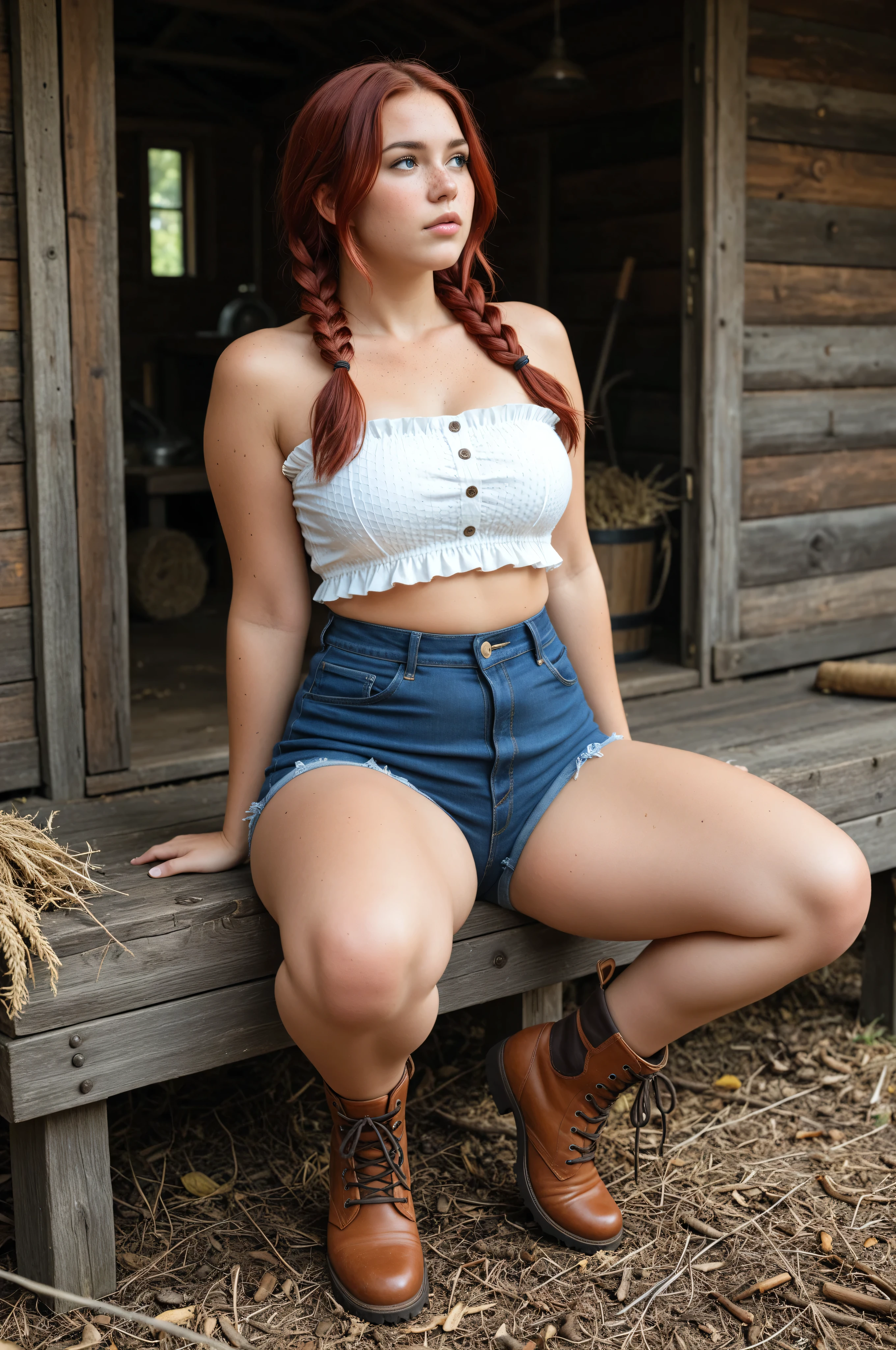 masterpiece, best quality, amazing quality, very aesthetic, absurdres, masterwork, 1woman, solo, portrait, round face, looking away, thick eyebrows, blue eyes, freckles, reddish hair, twin braids, crop ruffle top, strapless, bare shoulders, medium breasts, denim shorts, thick thighs, ankle boots, outdoors, countryside, in cabin in the woods, cinematic light, film grain, highlighting the contours, rich textures, realistic skin texture, high-quality, ultra-detailed, high resolution, shallow depth of field, blurry background