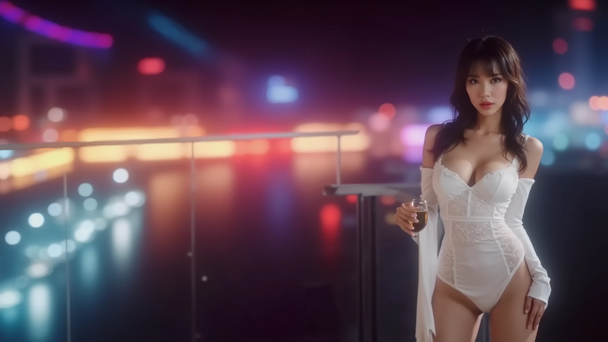 ((photo-realistic)), a sexy large-breast:1.1 Japanese woman, facing camera, cleavage, (((side boob))), hip up, slim face, slim:0.1 body, well-lit face, (((sexy thigh, super hot short:0.1 lace dress))), drinking wine, opened legs, balcony, well-lit:1.2, digital art, concept art, dramatic lighting, neon lights, cinematic composition.