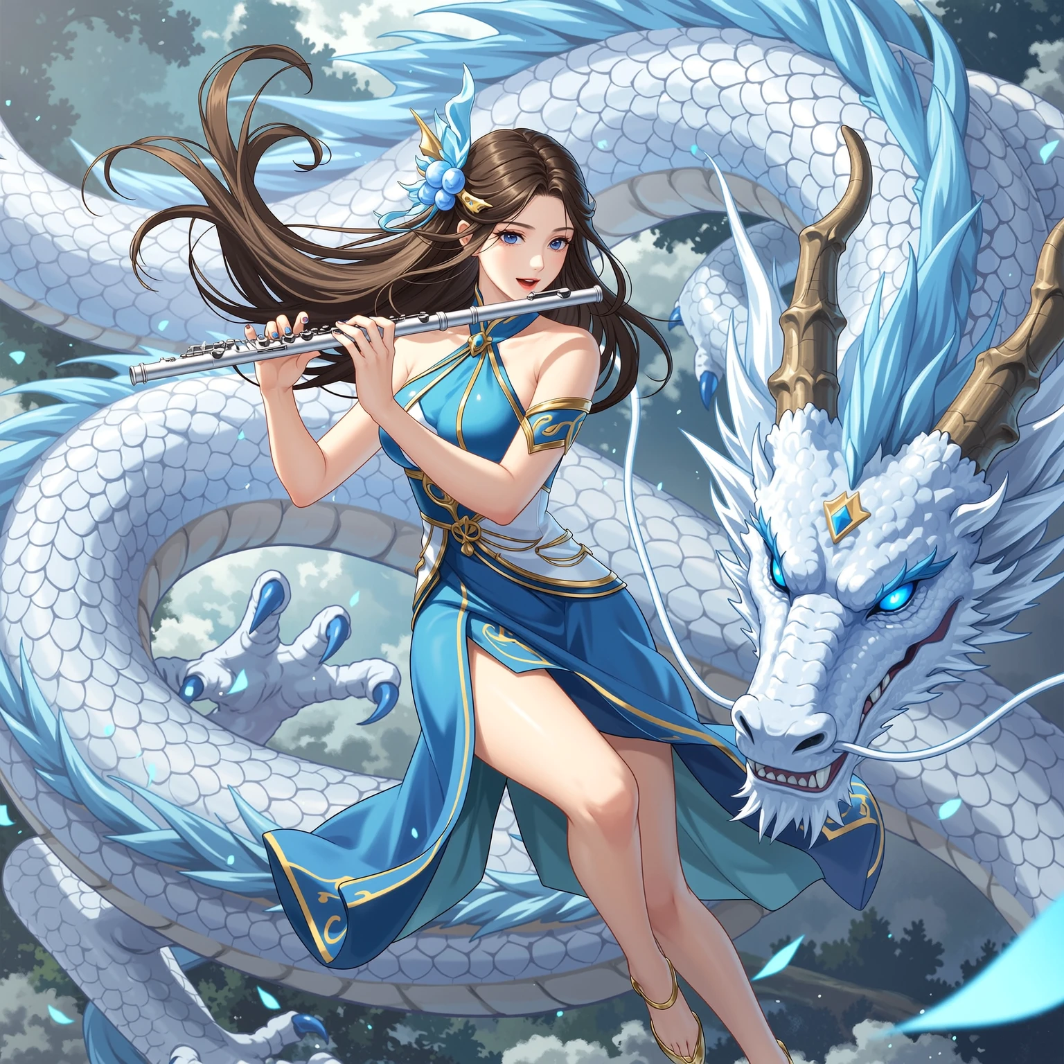 Brown hair girl and blue and white dragon