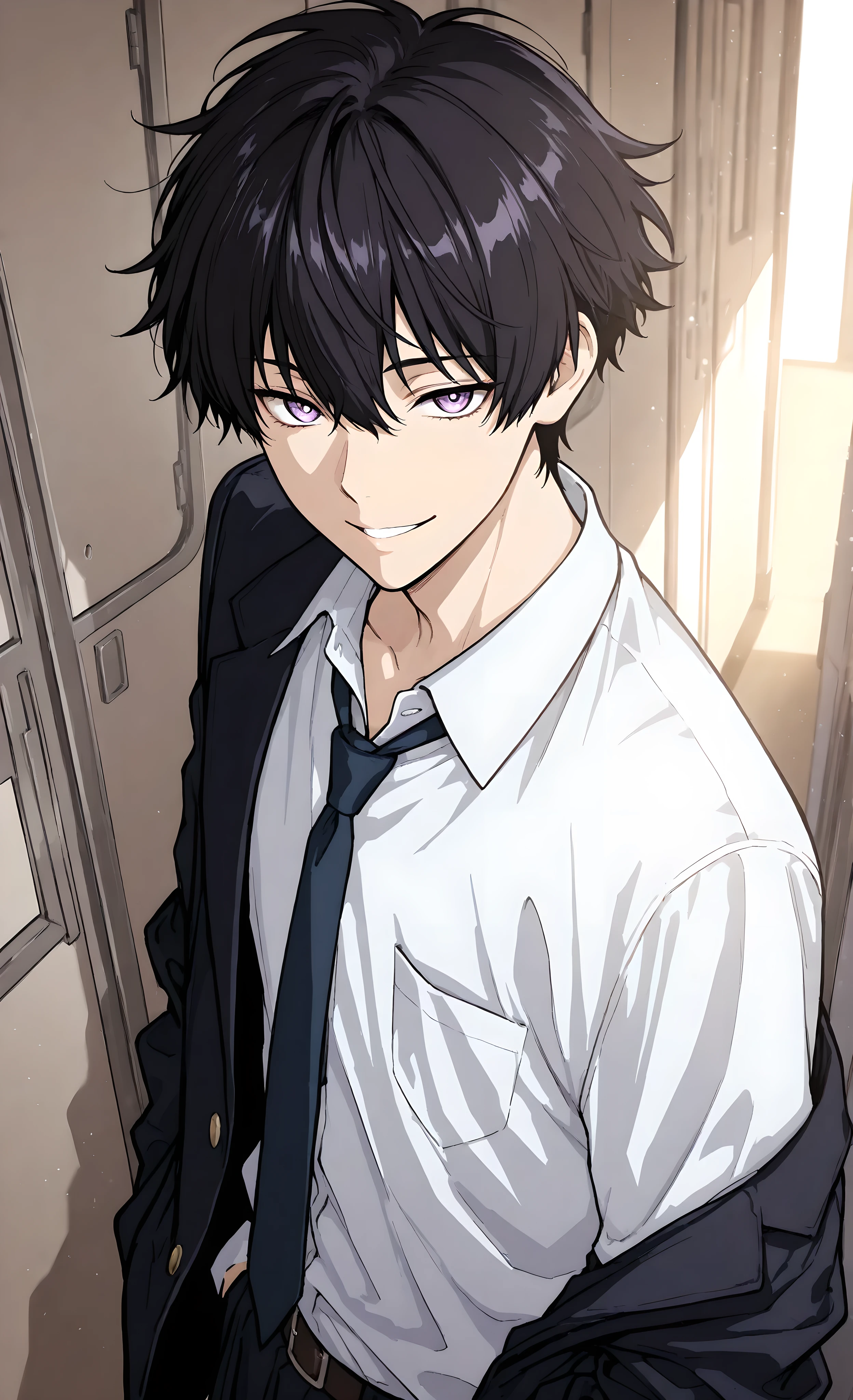 masterpiece, best quality, ultra-detailed, anime style, 1male, solo, school uniform, dark hair with white streak, hypnotic light purple eyes, leaning against school corridor wall, mysterious smile, soft natural lighting, academic setting, dual identity atmosphere
