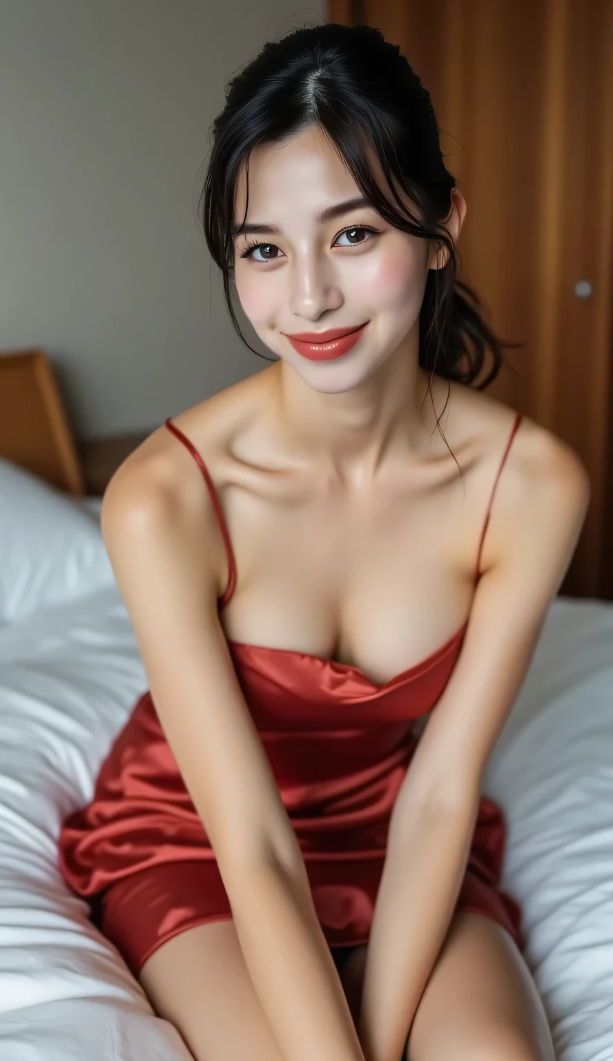 A teenage woman, sitting on a luxury bedroom mattress, body facing the camera, POV from front of body, eyes looking towards the camera, wear dress tube satin material merah, gaun sampai paha, lengan telanjang, bahu telanjang, low ponytail hair in black, dada besar, lipstik merah tua