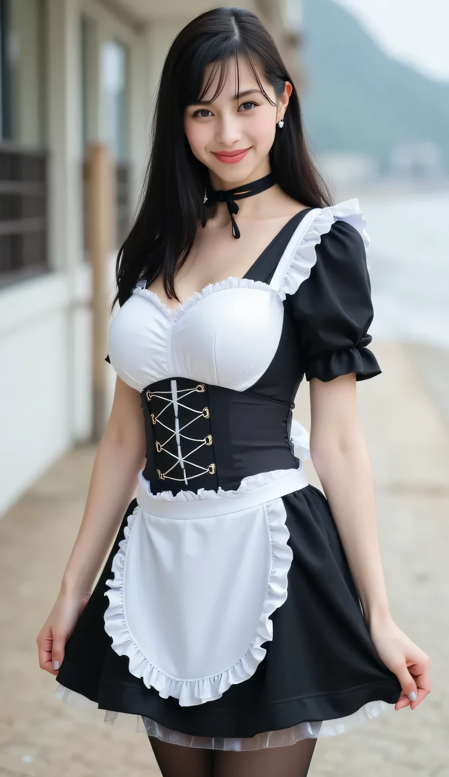 (Close-up from the waist up) , image shows a young, slender Japanese woman with (((( super huge , beautiful , oversized breasts )))). She is standing by the resthouse of beach side , She appears to be 18 years old.
She wears (( black and white Sexy Maid costume , too small to fit her huge breasts)) , ((brack skirt, black pantyhose ,garter belt)) ,( pink nipples, small areola , no underhair , beautiful pussy ). Her expression is gentle, she faces forward and smiles happily. ultra-high resolution, large file size,oil glowing skin,white skin, perfect anatomy, beautiful hair,photorealistic, 1girl, solo, Not pregnant,highly detailed hair, (black hair, rambut model belah samping) .