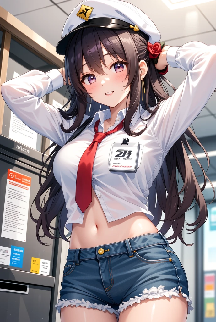 "anime girl, 1 person, dark brown hair, ponytail, brown eyes, wearing school gym uniform, gym pants, shorts, big breasts, blushing, solo, look  frontal, (full HD 4K+ image)"