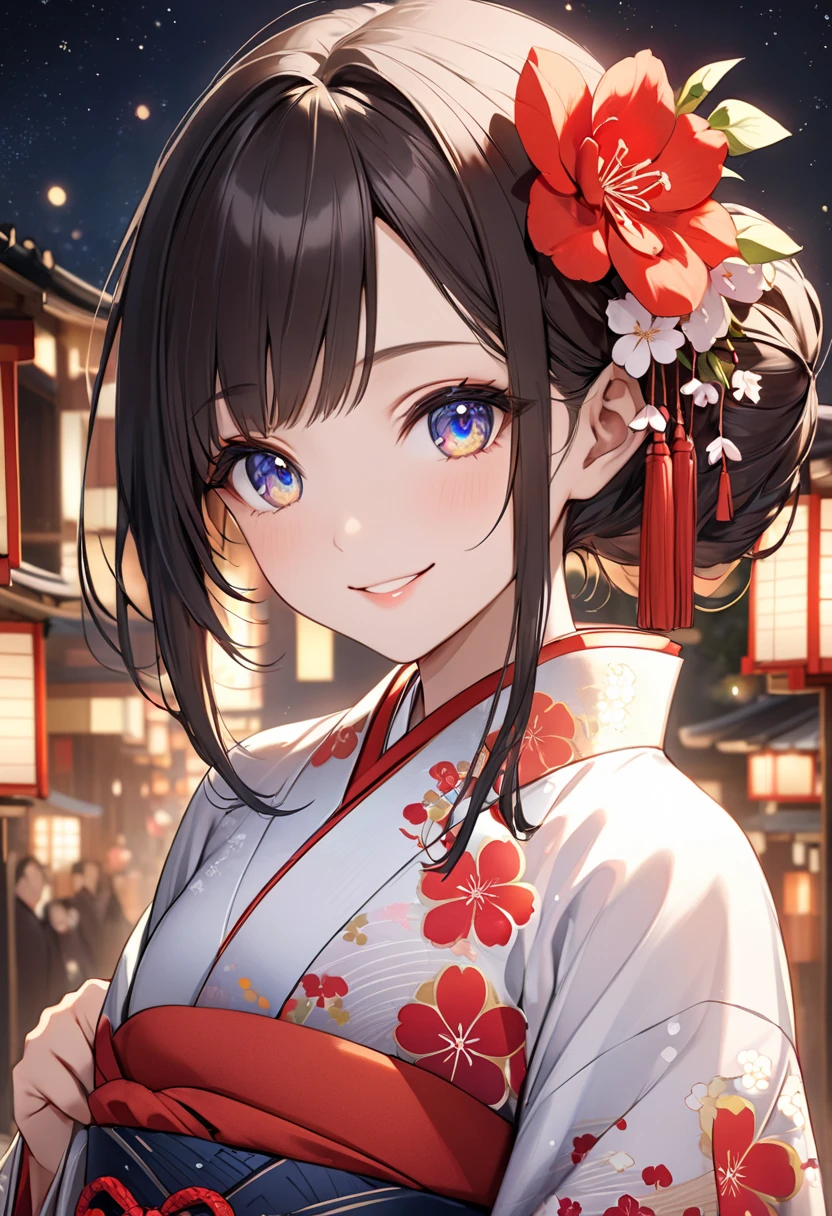 Age 25, Woman with Dog Ears, Very black hair, black ear , January, adult,kimono,new year,New Year Shrine Visit ,