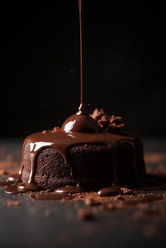 Cinematic Chocolate Scene, chocolate cake, dark background, high-quality photo, wet texture, glaze, Studio photo, piece, shallow depth of field,  vignette, a very detailed, big budget, hips, cinemascope, dark, epic, gorgeous, film grain size, granular