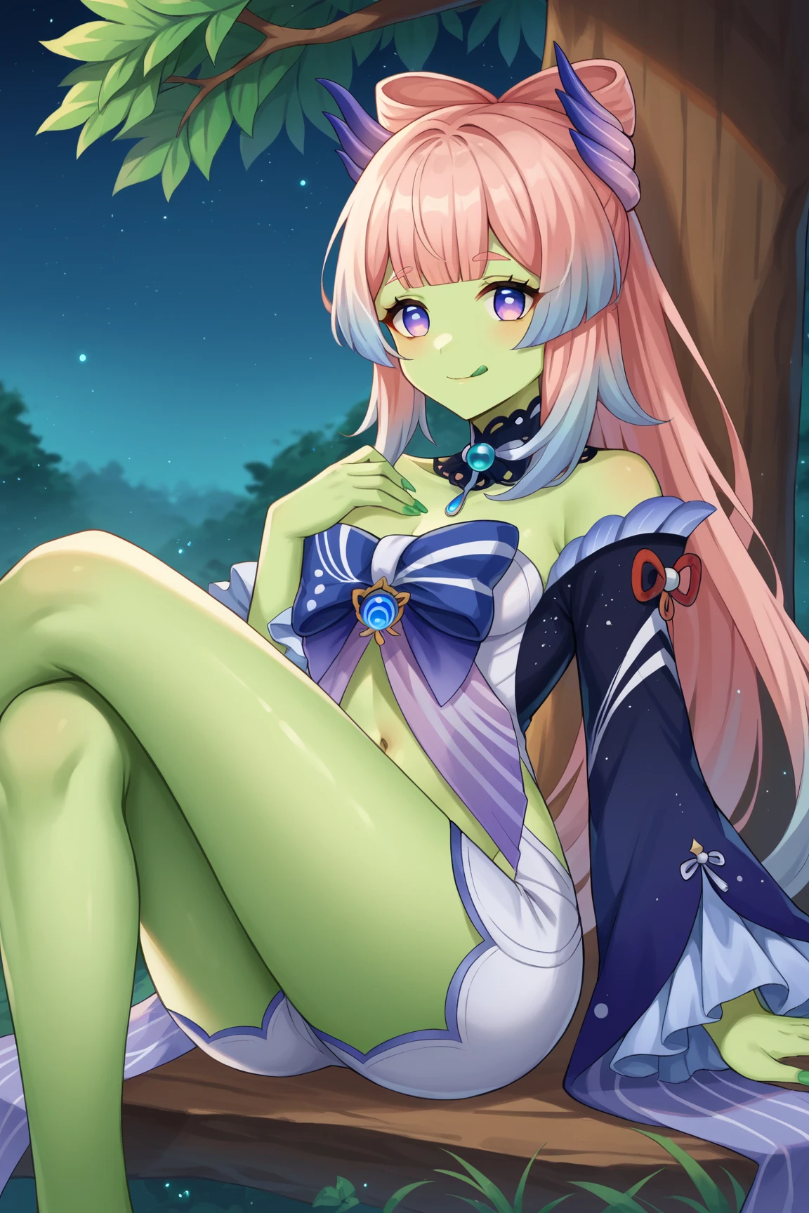 kokomidef, green skin, zombie, green skin, sitting on bed, green skin, full body, green skin, green skin, green skin, green skin, smile, blush, green skin, zombification, pointed nails, green skin, green nails, green skin