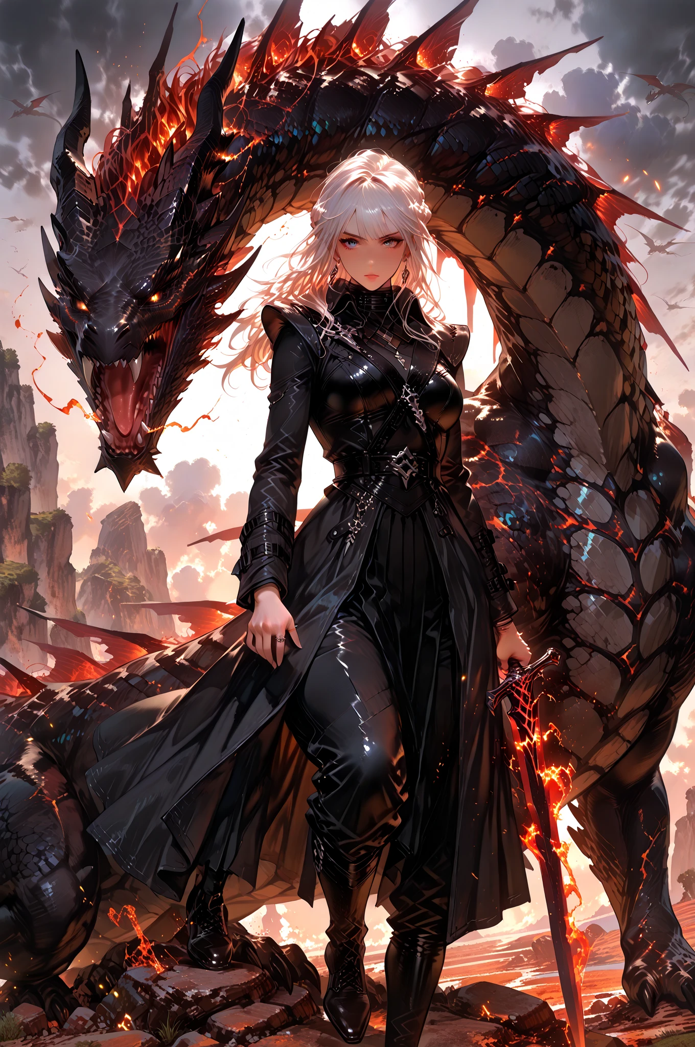 masterpiece,best quality,ultra-detailed,extremely detailed CG unity 8K wallpaper,panorama,1 girl,female magician,white hair,Grey robe,Raise her hand,a ball of fire,a flying dragon,dark forest,snowfield