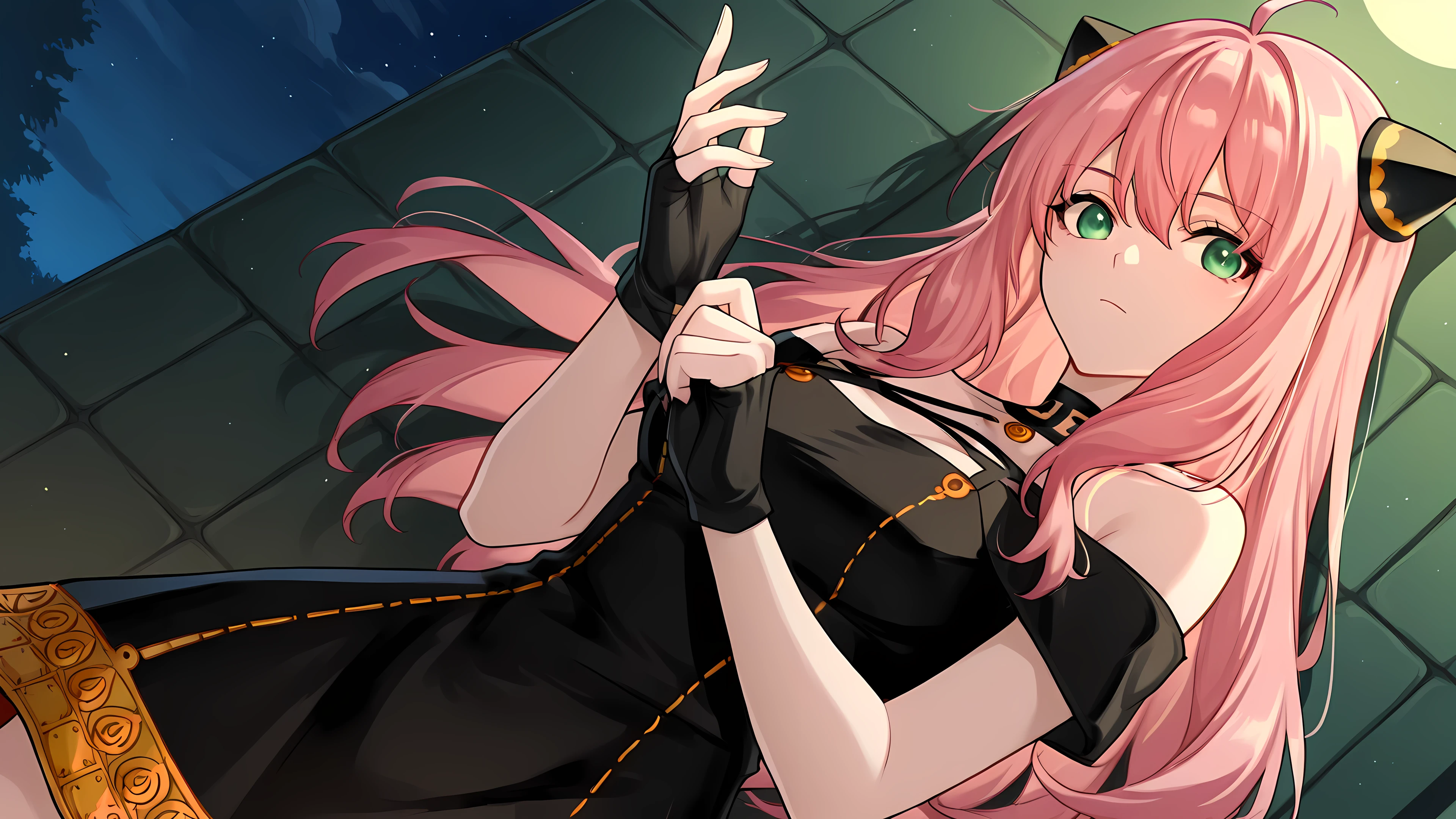 anime, 1girl, solo, zzAnya, green eyes, hair between eyes, ahoge, pink hair, long hair, hair ornament, hairpods, gold hairband, hair flower, black choker, black dress, sleeveless, off shoulder, floral print, fingerless gloves, adjusting gloves, night, low angle, leaning in wall, expressionless, looking at viewer, sideview