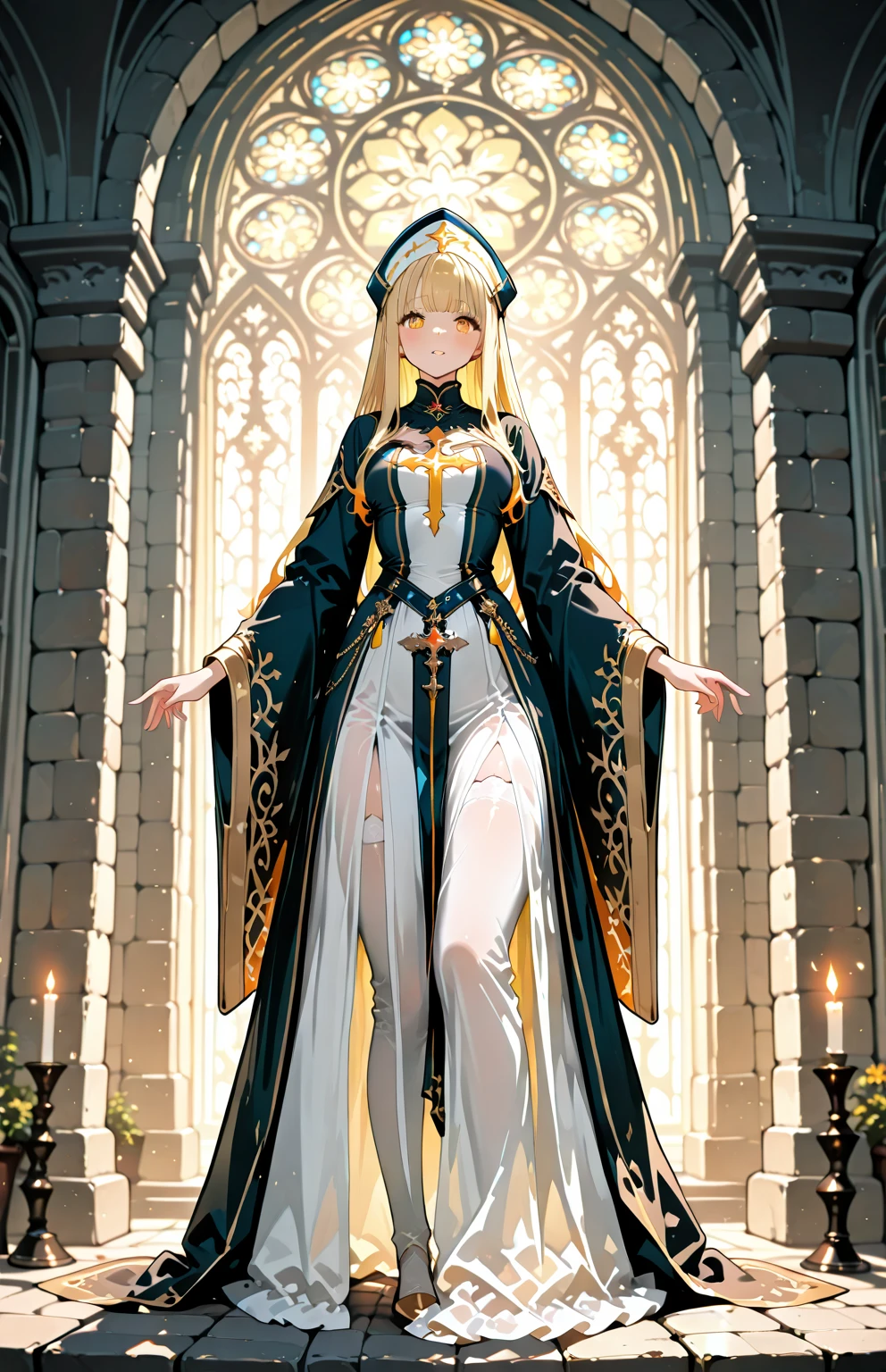 A woman wearing a navy blue medieval madame costume with white details, walking in a room of a medieval castle, long blonde hair, orange eyes, smiling, ???????????. blue heels, long white hair, straight bangs, blue eyes, smiling, ???????????, in a sophisticated luxury airport. shadow, flower, UHD, masterpiece, accurate, anatomically correct, textured skin, super detail, high quality, best quality, 8k, high resolution, bokeh effect.(woman solo)
