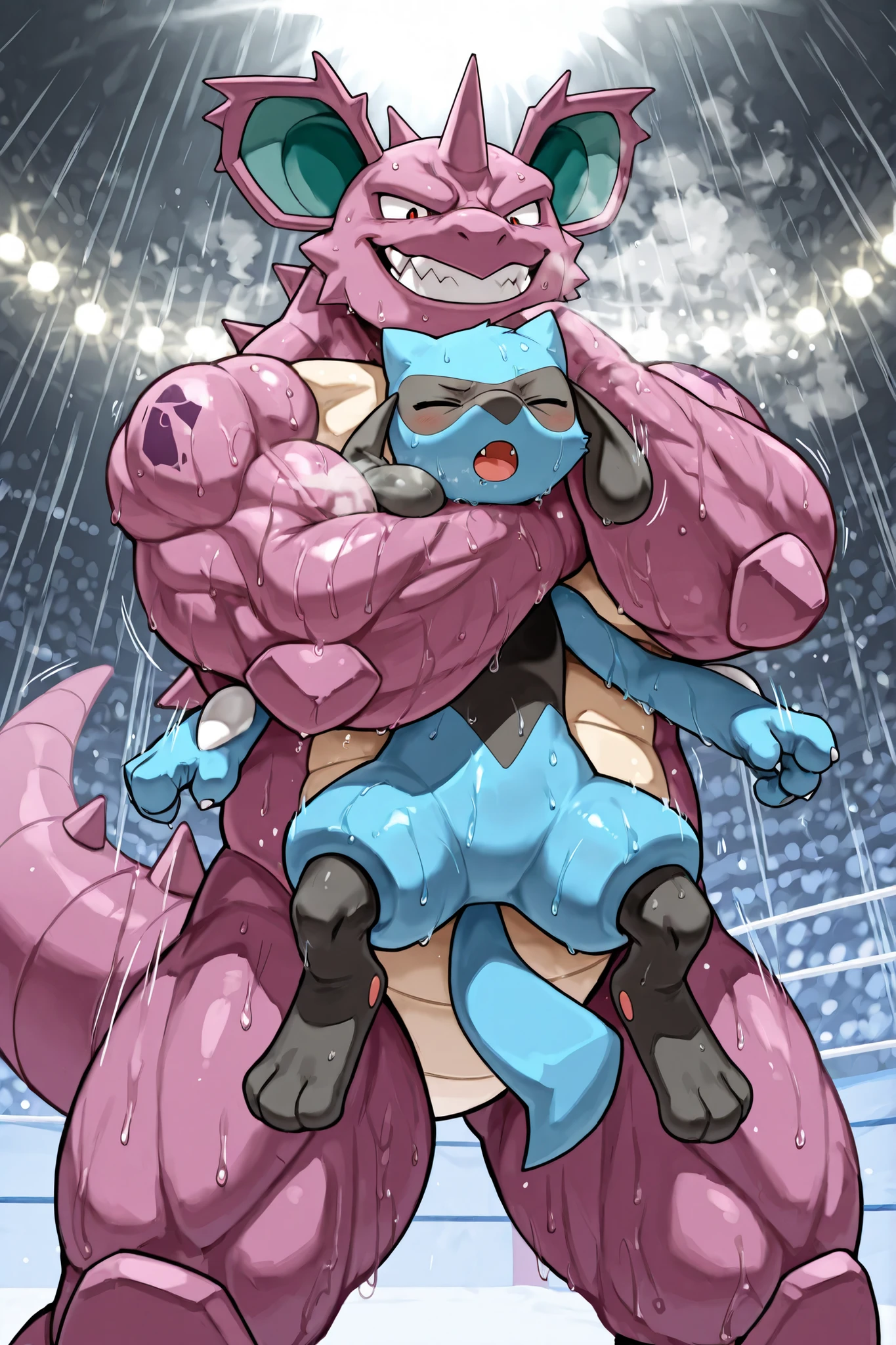 large nidoking wrestler, small feral riolu, choke hold \(rnc\), wrestling, [nidoking:heavy weight bulky fat plump, muscular strong giant body, big muscles, thick arms, thick thighs, wearing black glossy wrestling spandex, looking down, evil grin, sweaty, smelly steam breath], [riolu:pain, close eyes, open mouth, thin body, small build], size difference, motion line, motion blur, from front, wrestling background
