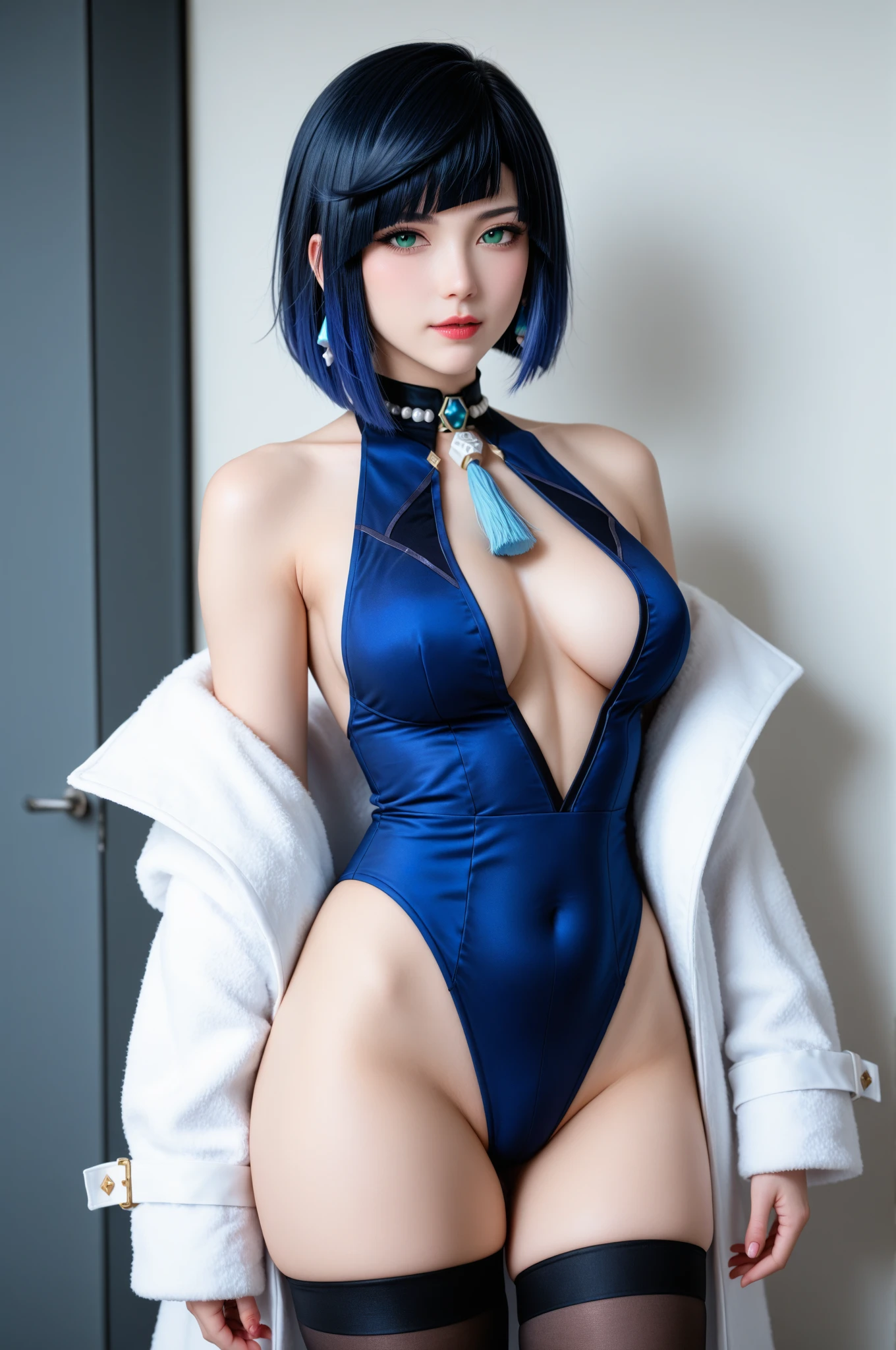 8K, Top Quality, Intricate Details, Ultra Detail, Ultra High Resolution, Masterpiece, full body,  Slender, Smile, (Makeup: 0.4), (Fluffy Blue Eyes: 1.21), blue Eyes, looking at viewer, ((full body)), 1girl, solo, 1 girl, (( full body)), close up shot, , ((tall)), (((fit body))), (((slim face))), sharp face, sharp eyes, (((dark blue hair, bangs  )) , (detailed face), sharp face, small lips, 
 (( )), ((battlesuit )),  detailed face, detailed , , large , detail , , Beautiful girl with accentuated slender abs: 1.4, Six Pack Abs: 1.4, Bust Botox, Big, Perfect Body, detail leg, (( dark background)), black background, full body,