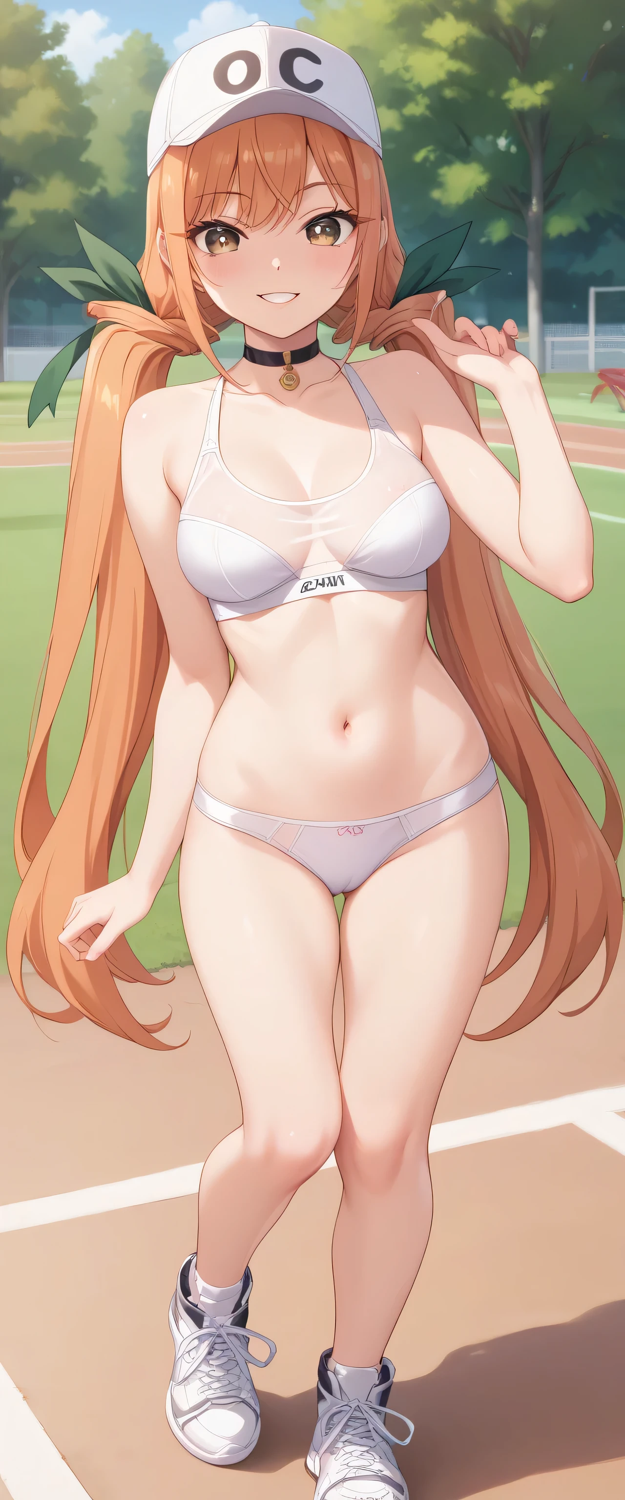 Princess, karane_inda, brown eyes, orange hair, very long hair, low twintails, green ribbon, hair ribbon, innocent face, round eyes, medium breast, thicc thigh, hourglass figure, erotic sport bra, erotic sport panties, chocker, sneakers, sport hat, cheerful, park, full view, clear view
