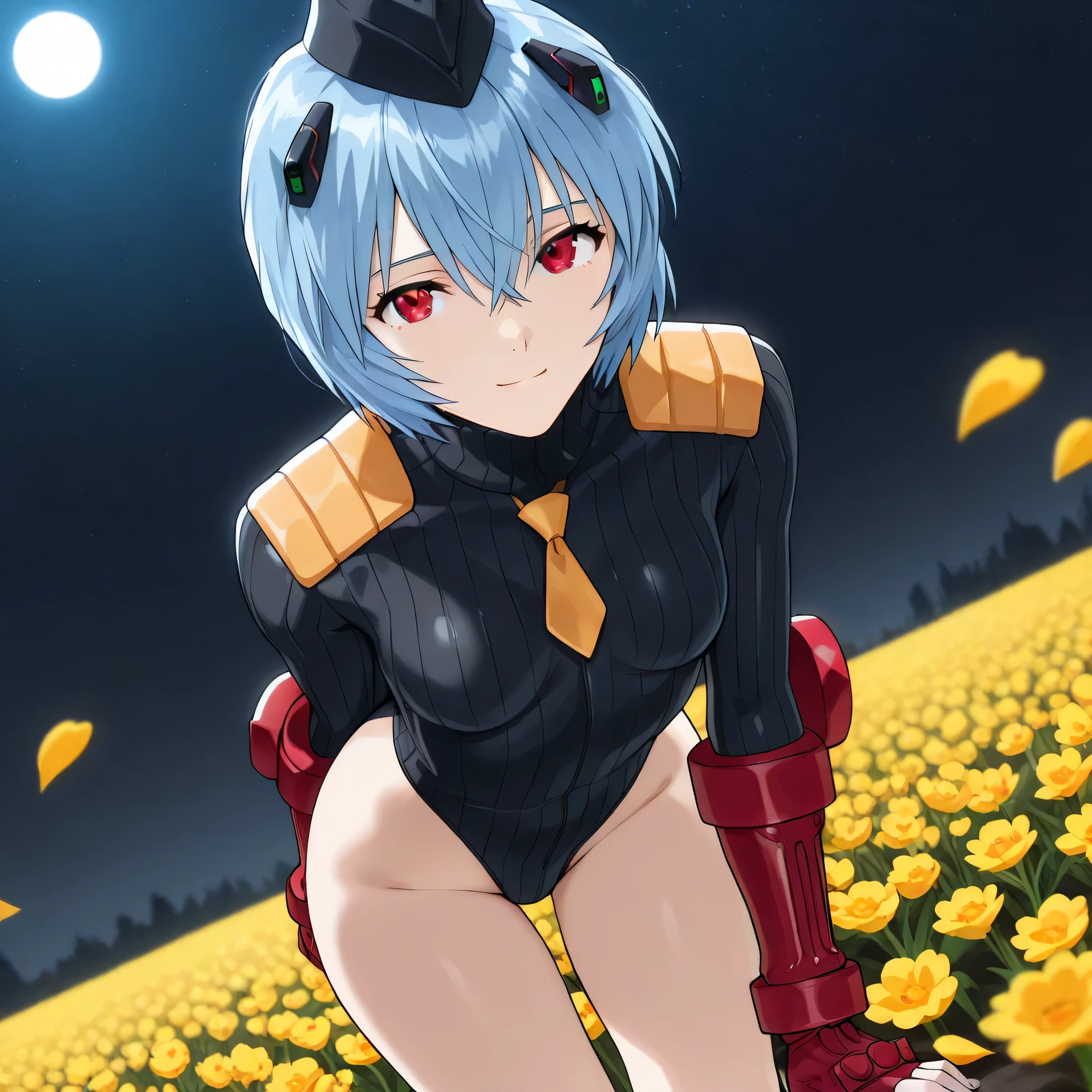 (((Masterpiece))), (((Best Quality))), ((Super Detail)), ultra-High resolution, score_9,score_8_up,score_7_up,score_6_up,score_5_up,score_4_up, BREAK, source_anime, anime screencap, uncensored, Masterpiece, (best shadow), (absurdres), (detailed background), (very aesthetic), shiny, detailed beautiful eyes, outstanding, countershading, detailed soft lighting, an exquisite animation illustration, curvy, shadaloo dolls, red gloves, hat, fingerless gloves, gauntlet, red gauntlet, leotard, cosplay, highleg, highleg leotard, garrison cap, dark persona, ribbed leotard, yellow necktie, (((solo, 1girl))), hair ornament, seductive pose, submissive pose, anime style, anime coloring, animification, megami magazine, sexy pose, dynamic angle, cinematic angle, dutch angle, dynamic composition, small breast, blue hair, short hair, red eyes, ayanami rei, hair between eyes, dick, cock, hairy, moonlight, looking at viewer, bent over, leaning forward, arched back, light smile, gentle smile, smile, closed mouth, hands behind back, night, delicate features, soft lighting, warm lighting, moonlight, night scene, dark theme, horror theme, flower, flower petals, petals, tilt head, head tilt, flower field, nature, scenery, starry sky,