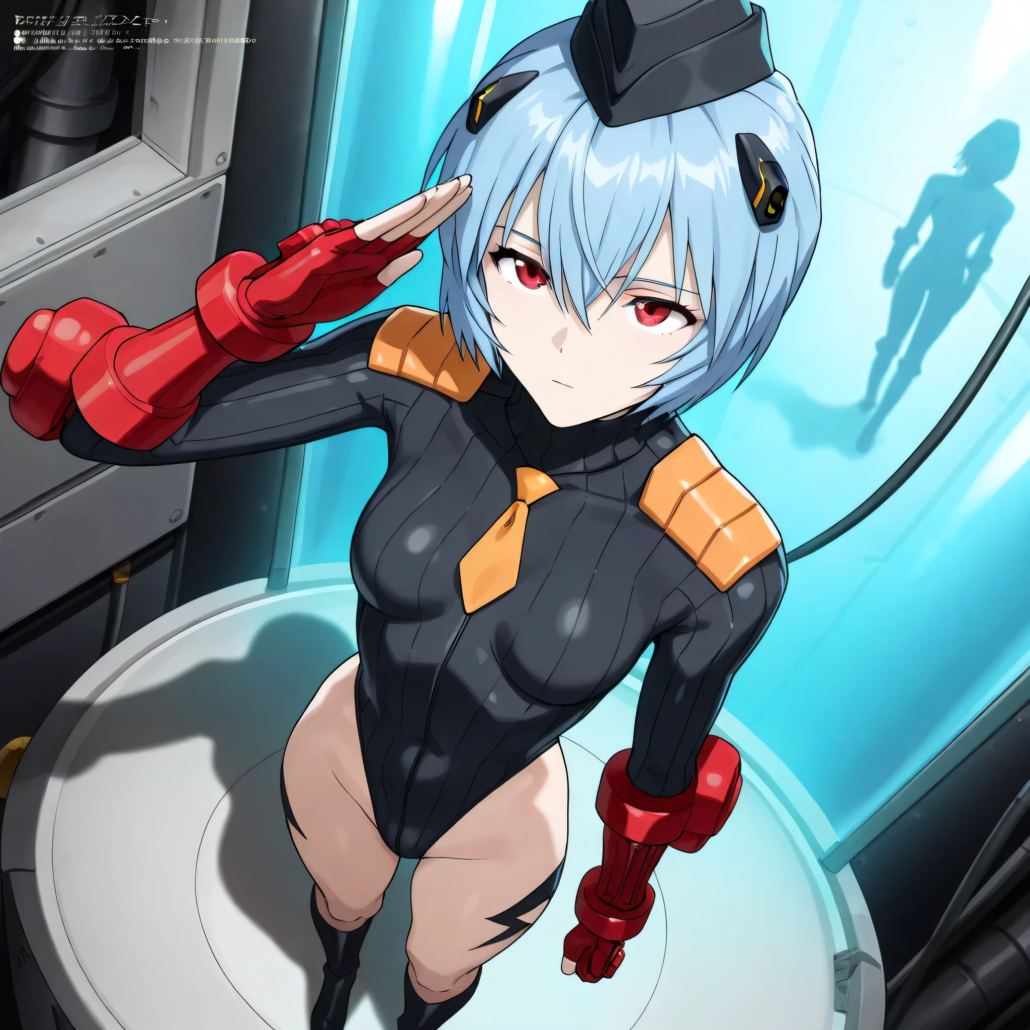 (((Masterpiece))), (((Best Quality))), ((Super Detail)), ultra-High resolution, score_9,score_8_up,score_7_up,score_6_up,score_5_up,score_4_up, BREAK, source_anime, anime screencap, uncensored, Masterpiece, (best shadow), (absurdres), (detailed background), (very aesthetic), shiny, detailed beautiful eyes, outstanding, countershading, detailed soft lighting, an exquisite animation illustration, curvy, shadaloo dolls, red gloves, hat, fingerless gloves, gauntlet, red gauntlet, leotard, cosplay, highleg, highleg leotard, garrison cap, dark persona, ribbed leotard, yellow necktie, (((solo, 1girl))), hair ornament, seductive pose, submissive pose, anime style, anime coloring, animification, megami magazine, sexy pose, dynamic angle, cinematic angle, dutch angle, dynamic composition, small breast, blue hair, short hair, red eyes, ayanami rei, hair between eyes, dick, cock, hairy, expressionless, emotionless, full body, looking from above, from above, view from above, salute, saluting, standing, standing at attention, standing still, looking ahead, stasis tank, cable, laboratory, dark theme, horror theme
