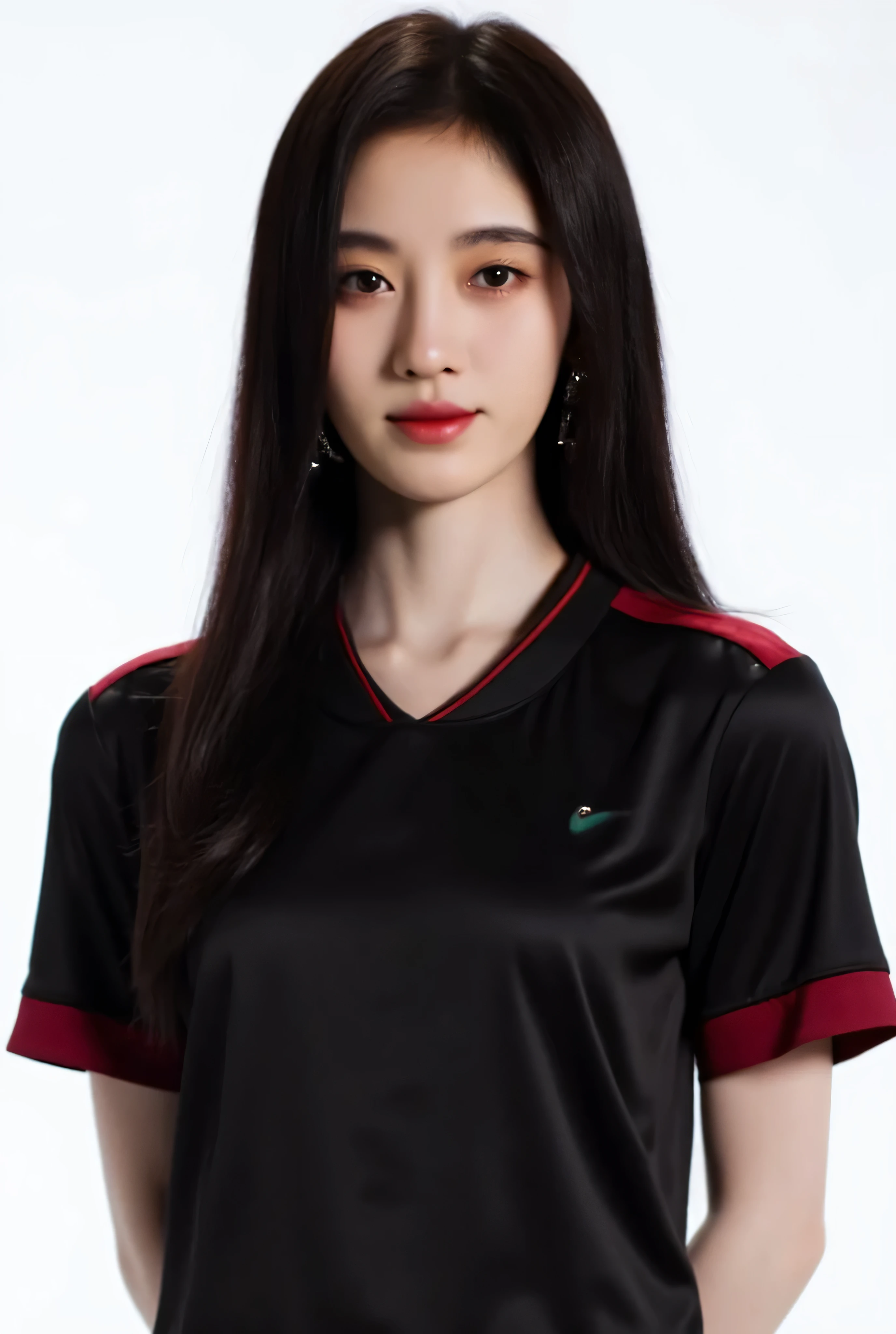 Ultra detail, absolute resolution, masterpiece, High Quality, High Definition,
High quality images, Very Delicate, highres, ultra-detailed, hyper-detailed, best quality, amazing quality,
Perfect anatomy, best eyes, Natural detailed skin, anatomically accurate, textured skin, top quality,
Solo, A beautiful woman, Big breasts, Perfect body, Hourglass body shape, medium breast,
wearing soccer jersey, black sport jersey,
Medium Shot, waist up close up, , professional portrait, professional id card photo, prim and proper pose, slight smile, facing viewer, body facing front,
Simple white background