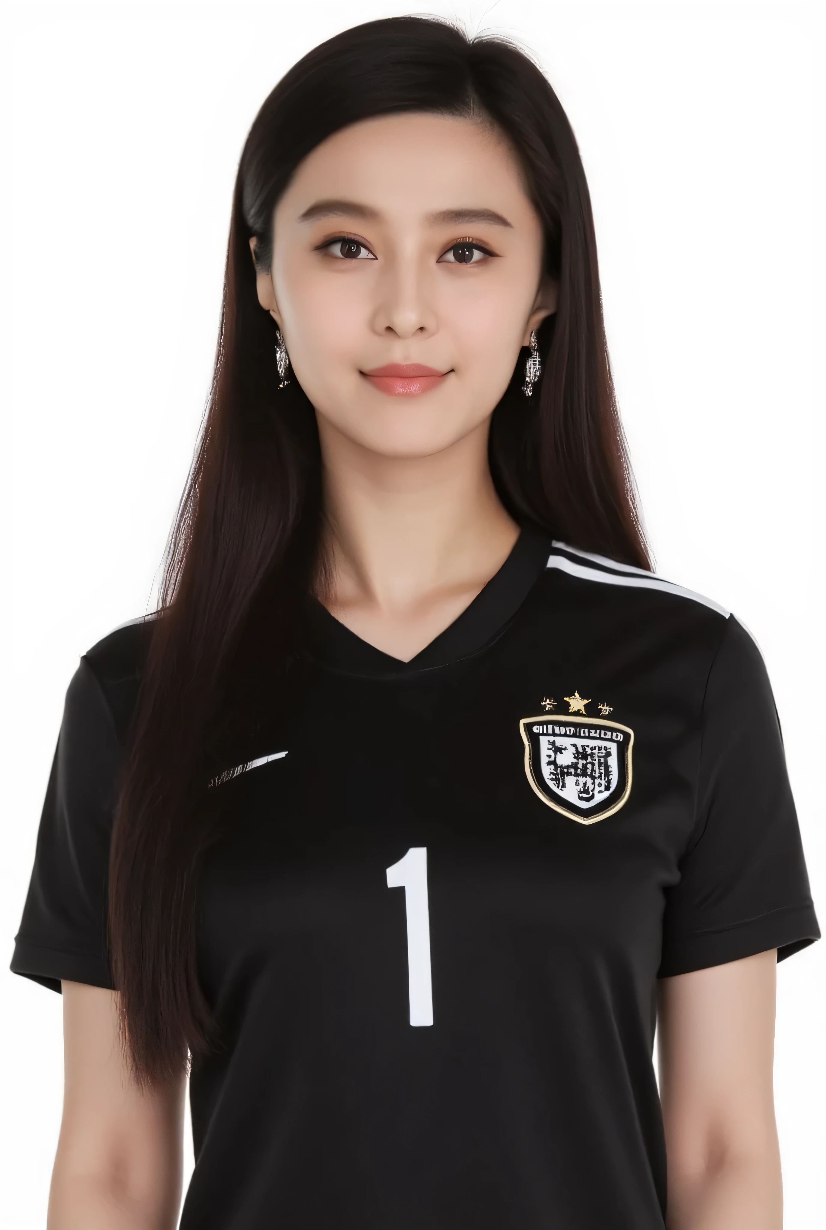 FBB,,
Ultra detail, absolute resolution, masterpiece, High Quality, High Definition,
High quality images, Very Delicate, highres, ultra-detailed, hyper-detailed, best quality, amazing quality,

Perfect anatomy, best eyes, Natural detailed skin, anatomically accurate, textured skin, top quality, 

Solo, A beautiful woman, Big breasts, Perfect body, Hourglass body shape, medium breast, fore head, 
wearing soccer jersey, black sport jersey,

Medium Shot, waist up close up, , professional portrait, professional id card photo, prim and proper pose, neutral expression, facing viewer, body facing front, 
Simple white background
