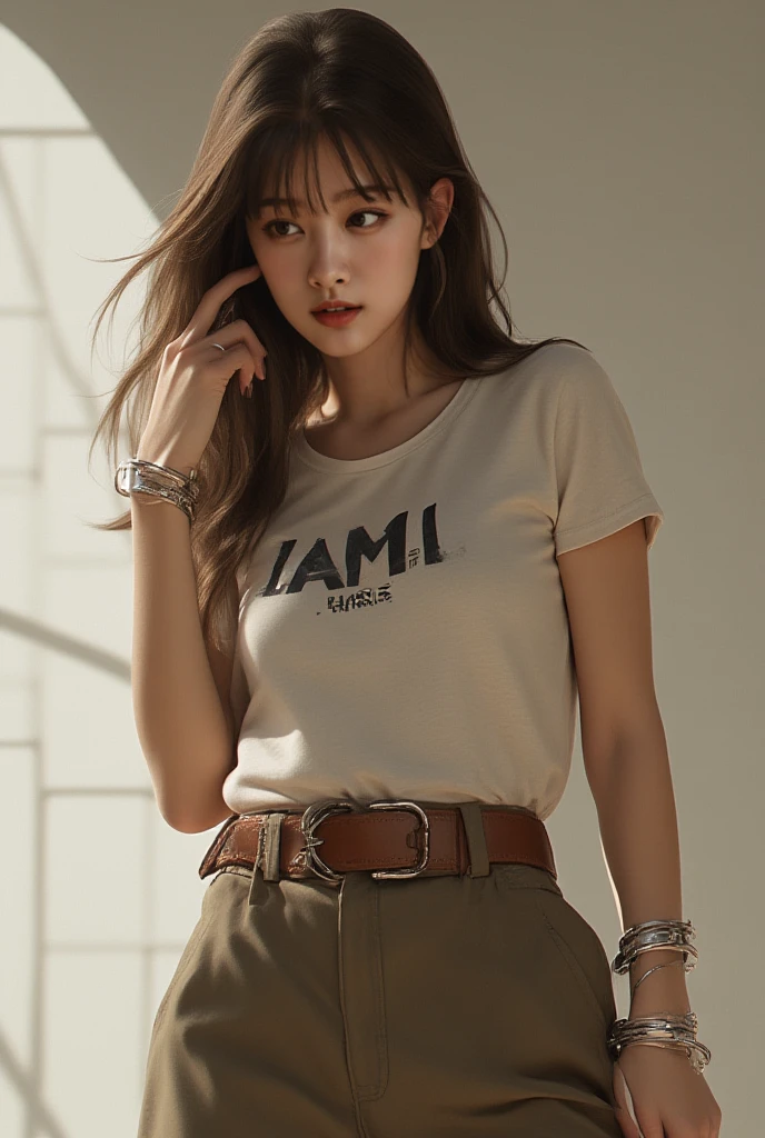 [an ultra-realistic Asian woman at Seoul International Airport], oval face shape, dark black hair color with brown streaks, medium length wavy hair, 25 years old, (wearing an oversized yellow long-sleeved t-shirt with a cool logo, colored tight trousers black, white premium snickers), bell-shaped breasts, standing pose facing the audience.