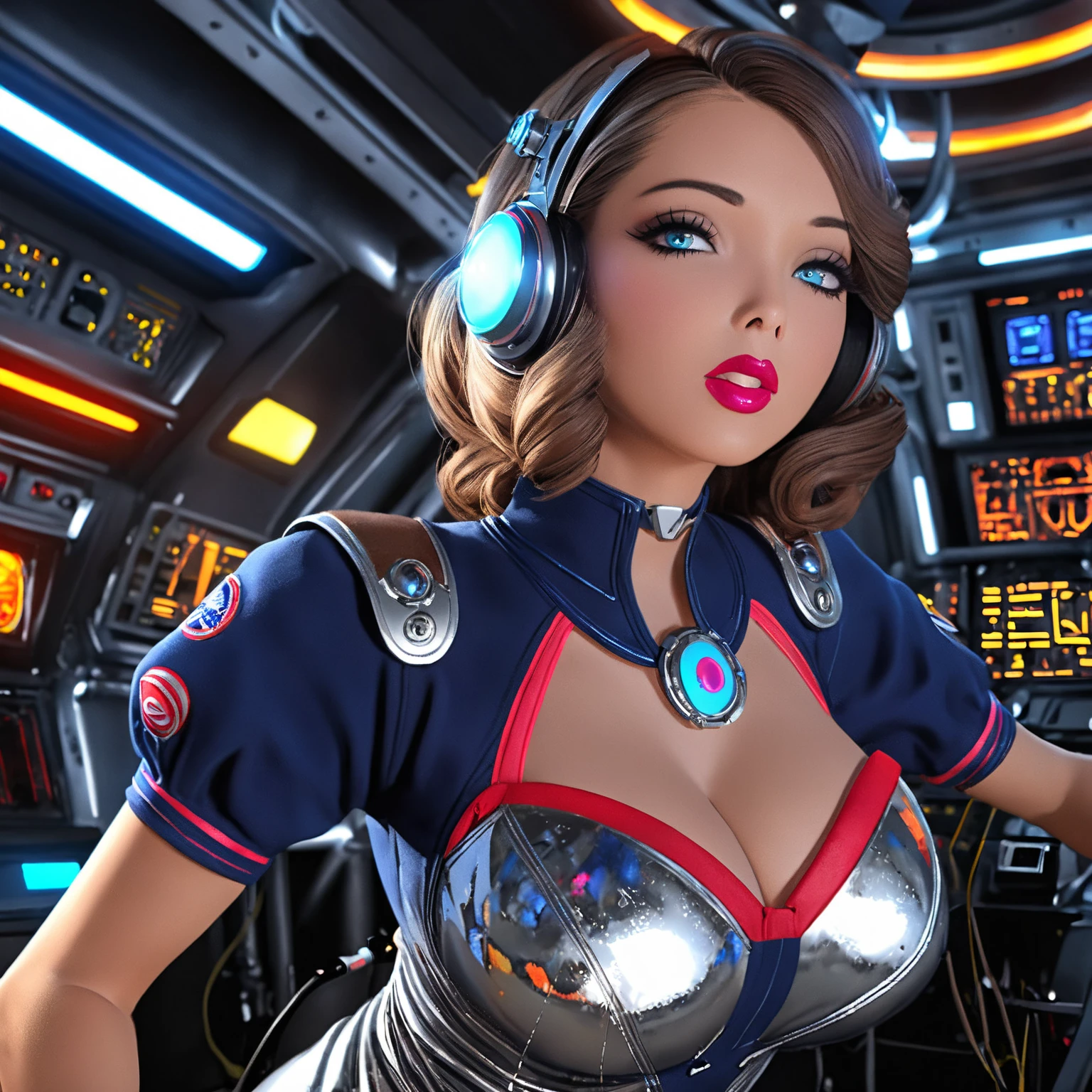 A ???? female space captain in a 50s-styled space outfit piloting her rocket with blinking controls and bright lights, highly detailed, photorealistic, 8k, hyper-realistic, extremely detailed, ultra-detailed, masterpiece, detailed eyes, detailed lips, long eyelashes, muscular, confident expression, dramatic lighting, neon colors, intricate ship interior, glowing displays, metallic textures, shiny surfaces, dynamic pose, cinematic angle
