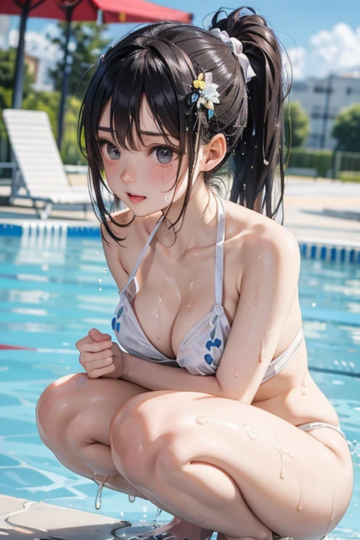 , 1 girl, school swimwear, In the river, In the mountain stream, spread your , , straight hair, grab ,   and waiting for insertion, straddle, , 