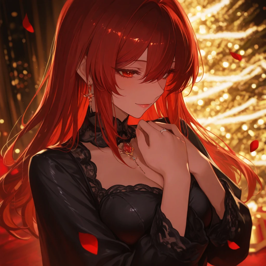 (masterpiece, best quality) an adult woman with very long red hair with short dress, red leather, black bows, long stockings,  arms, neckline, black boots, torn clothes, queen, yellow eyes, serious, blood, emotionless, red sky, palace, white walls, luxury, straight bangs, very long red hair, evil, only one character, (yellow eyes), gothic, red forest,  medium chest, head-to-waist portrait, cinematics, color oil painting, cinematic lighting, extremely detailed face, finely detailed face, beautiful face, beautiful eyes, perfect lighting, depth of field, realistic proportions, good ,