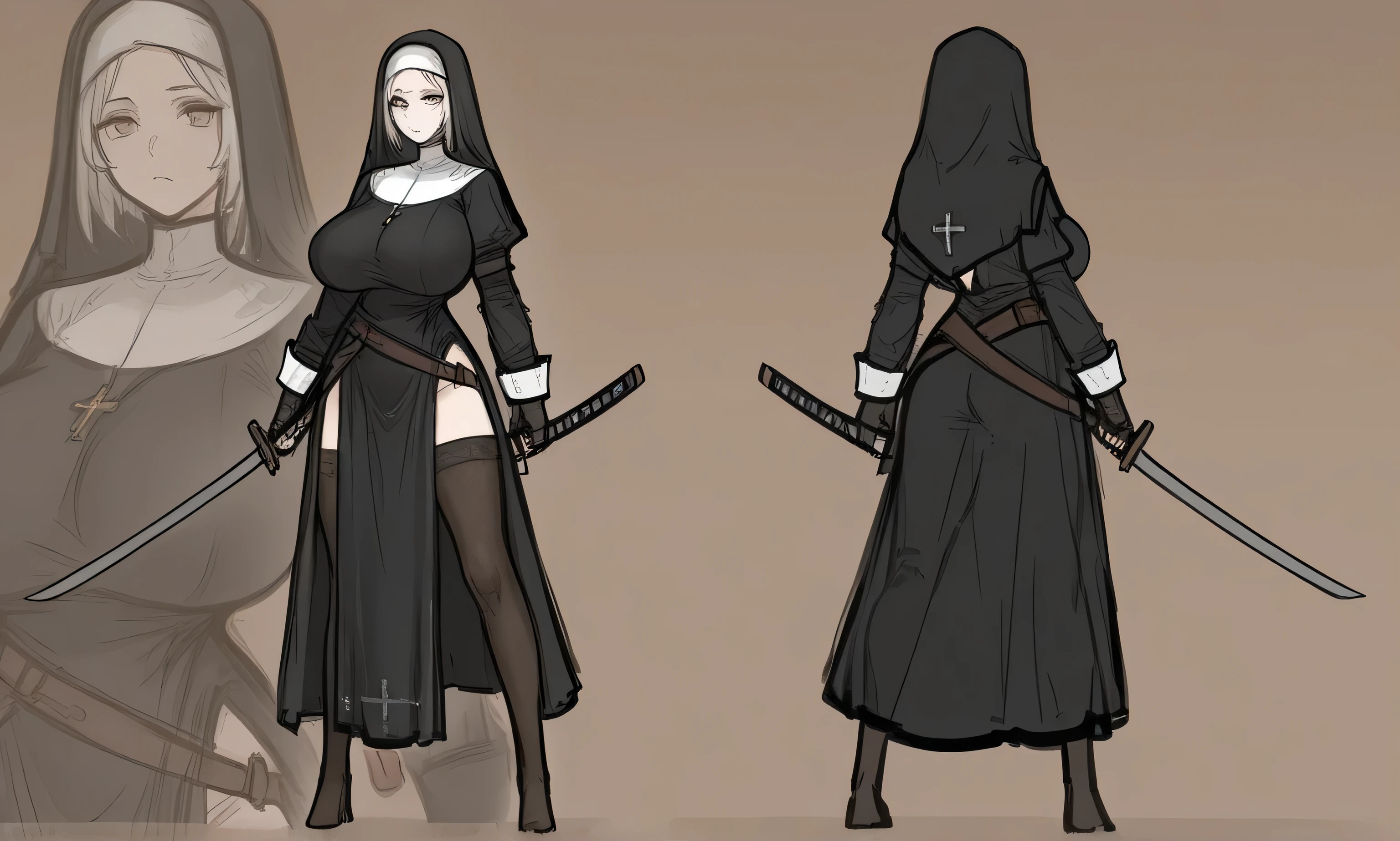no background , delete background, layer,  sketch art,1 girl, full body,  nun, big breast, hold katana, dark fantasy,  prepare to fight, 

